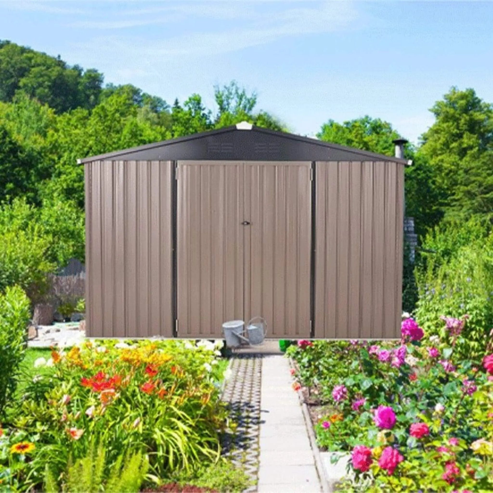 [08X10FT] Alora Large Heavy-Duty Outdoor Metal Garden Tools Storage Utility Shed W/ Lockable Door (SAK72751) by SAKSBY WHOLESALE