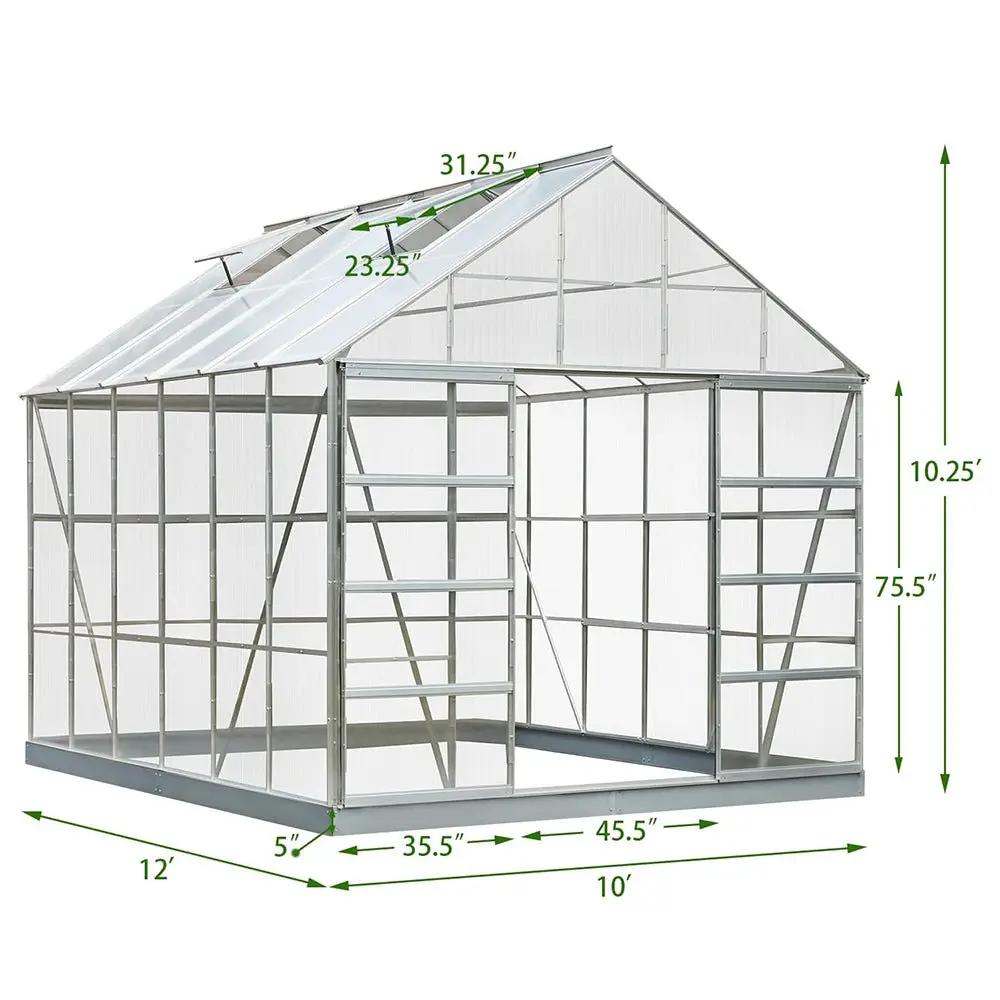 [10X12FT] Large Heavy-Duty Outdoor Walk-In Polycarbonate Aluminum Frame Greenhouse With Adjustable Vents & Sliding Doors (SAK93648) by SAKSBY WHOLESALE