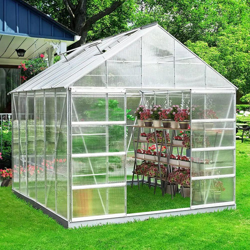 [10X12FT] Large Heavy-Duty Outdoor Walk-In Polycarbonate Aluminum Frame Greenhouse With Adjustable Vents & Sliding Doors (SAK93648) by SAKSBY WHOLESALE