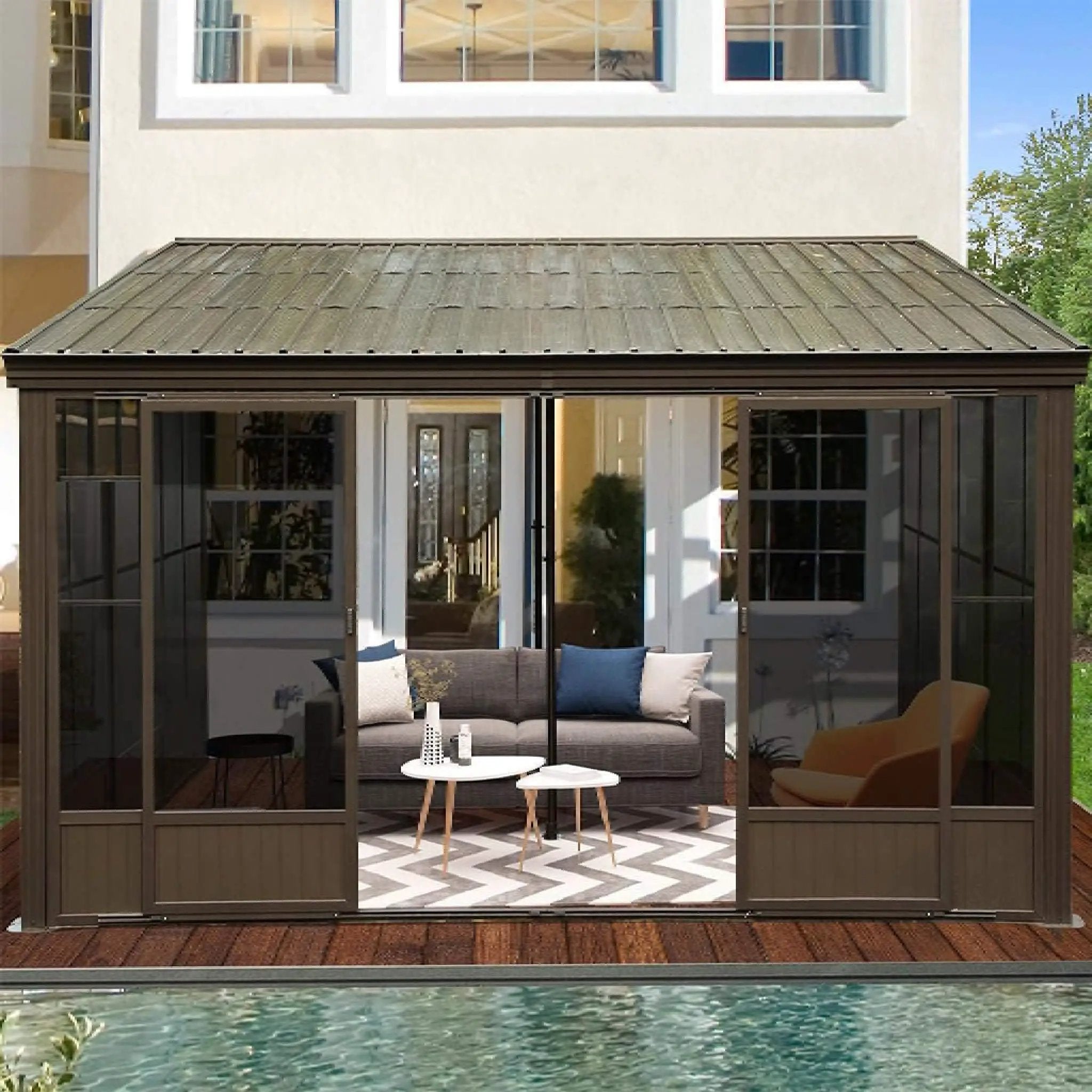 [12X14FT] Alora Haven Large Outdoor All-Season Wall-Mounted Sunroom With Galvanized Steel Roof & Moveable PVC Screen (SAK46475) by SAKSBY WHOLESALE