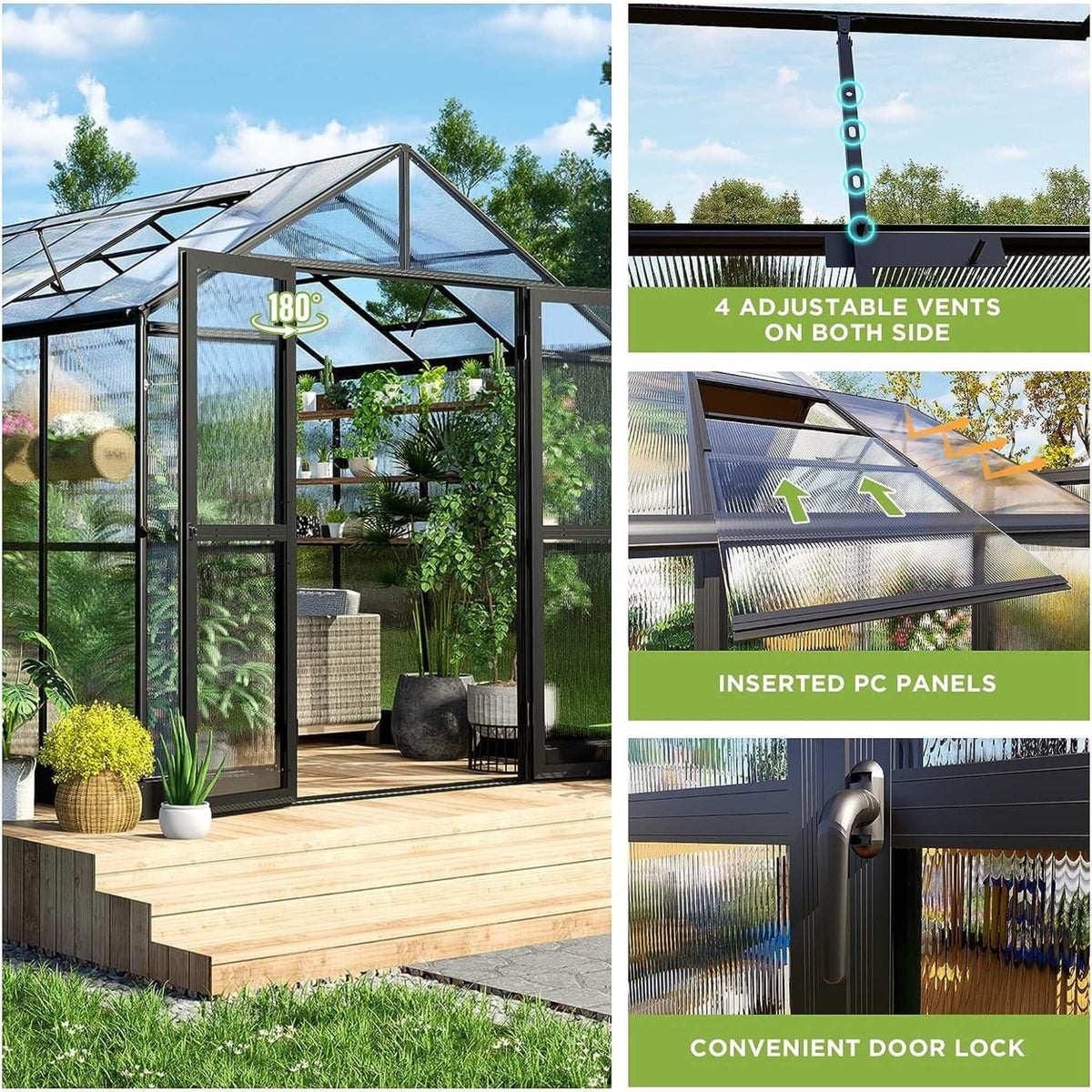 [08X12FT] Large Premium Outdoor Aluminum Polycarbonate Greenhouse With Double Swing Doors (SAK92641) by SAKSBY WHOLESALE