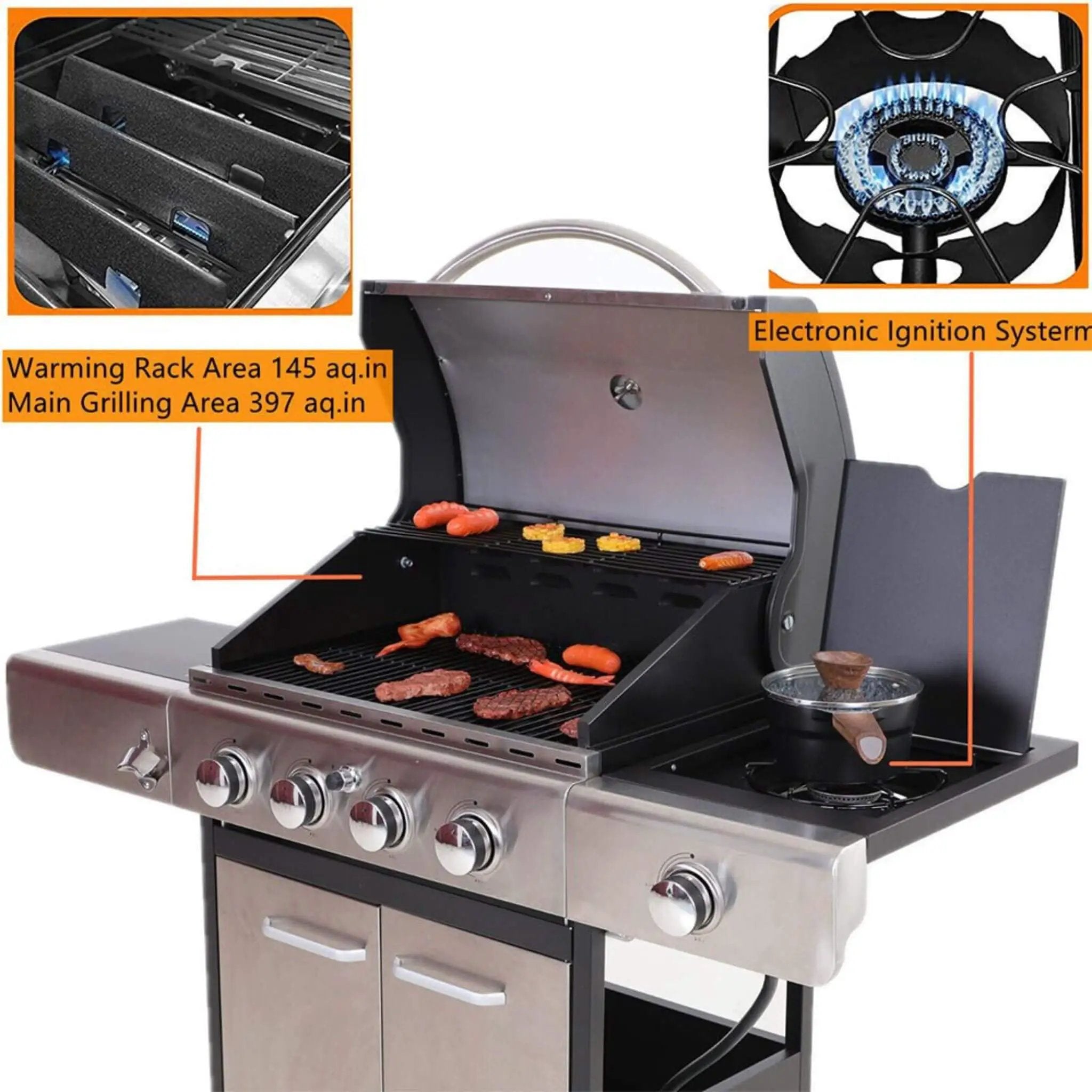 Large Outdoor 42K BTU BBQ Stainless Steel Propane Gas Grill With 4 Burners (SAK61283) by SAKSBY WHOLESALE