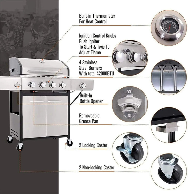 Large Outdoor 42K BTU BBQ Stainless Steel Propane Gas Grill With 4 Burners (SAK61283) by SAKSBY WHOLESALE