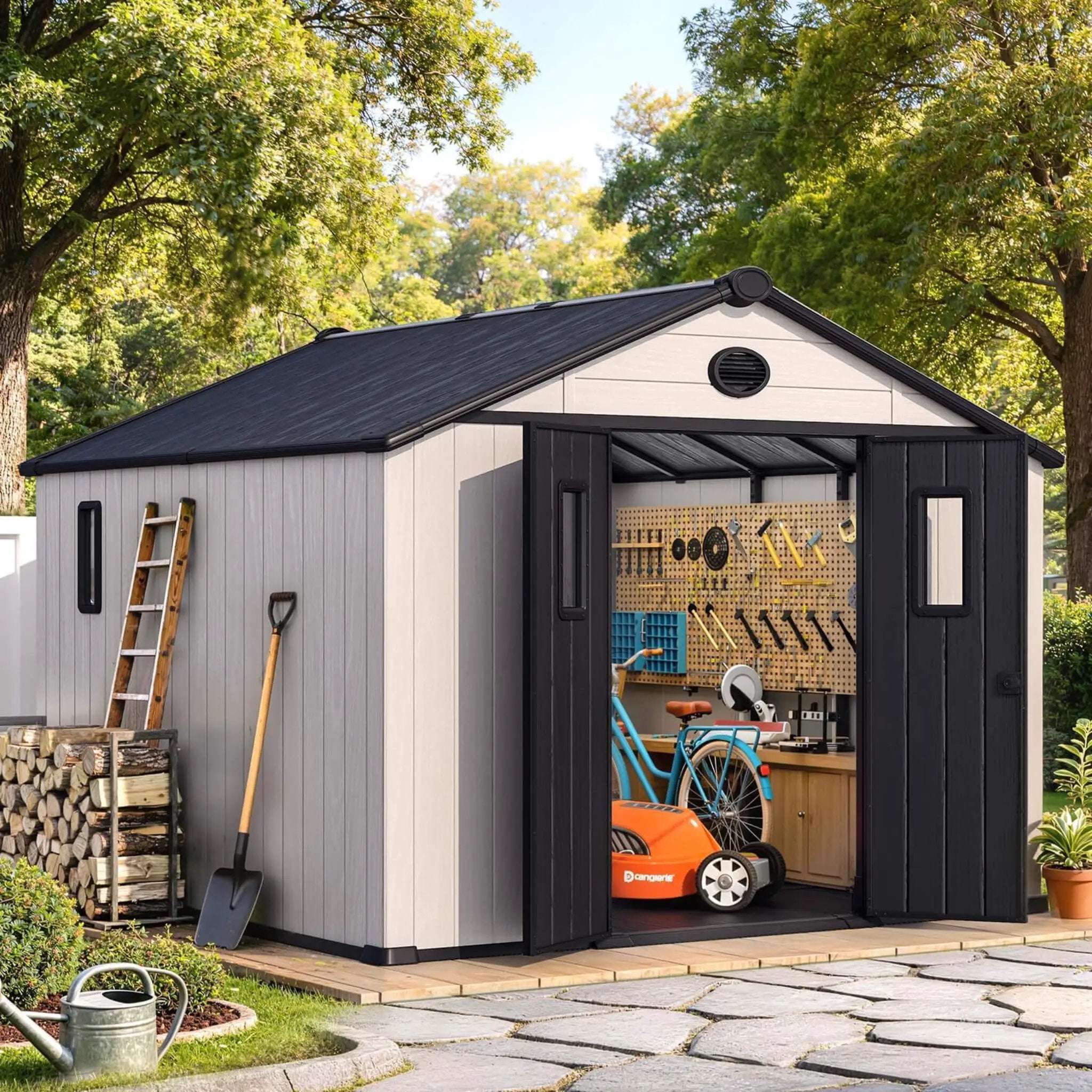 Large Outdoor Resin Storage Shed With Floor, Windows, Lockable Doors, Vents (SAK61784) by SAKSBY WHOLESALE