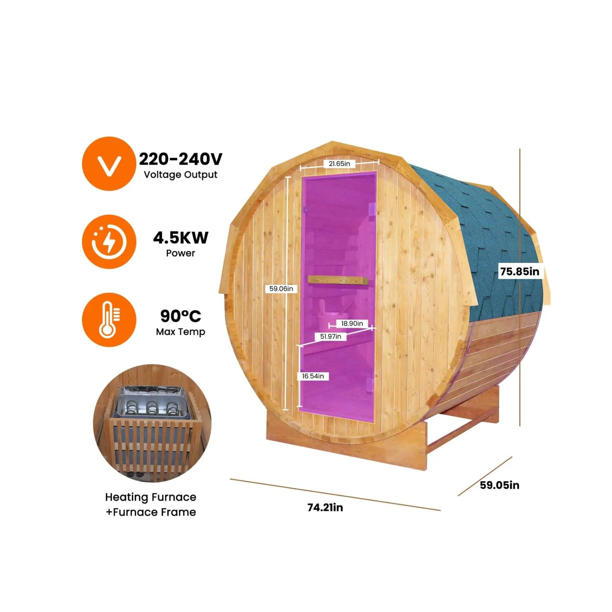 Thermora Ignite Large Premium American White Oak Outdoor Wooden Barrel Sauna With 4.5KW Sauna Heater (SAK45968) by SAKSBY WHOLESALE