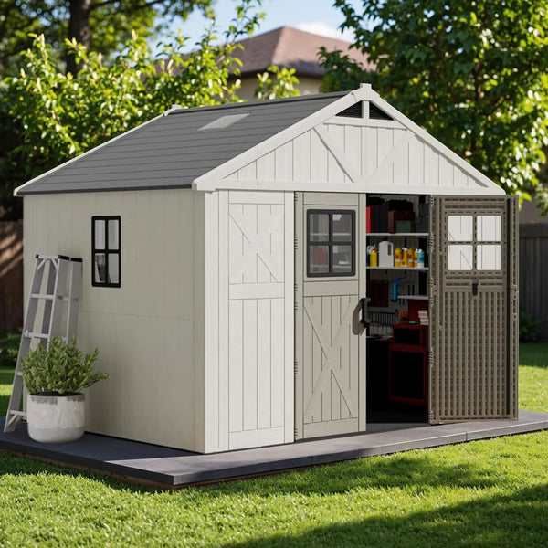 Alora Large Resin Outdoor Storage Shed With Floor, Windows, And Lockable Door (SAK98421)