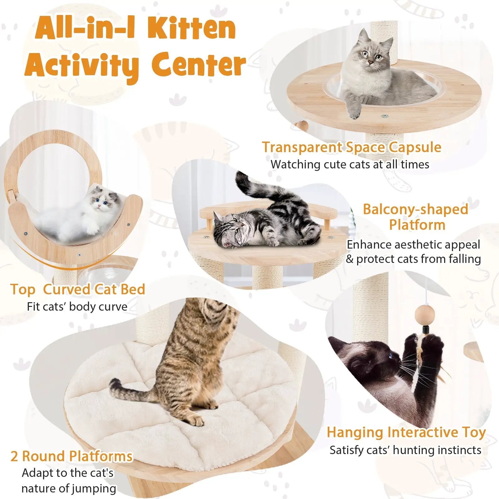 4-in-1 Large Wooden Cat Tower with Space Capsule Nest for Indoor Cats by DirectDeals