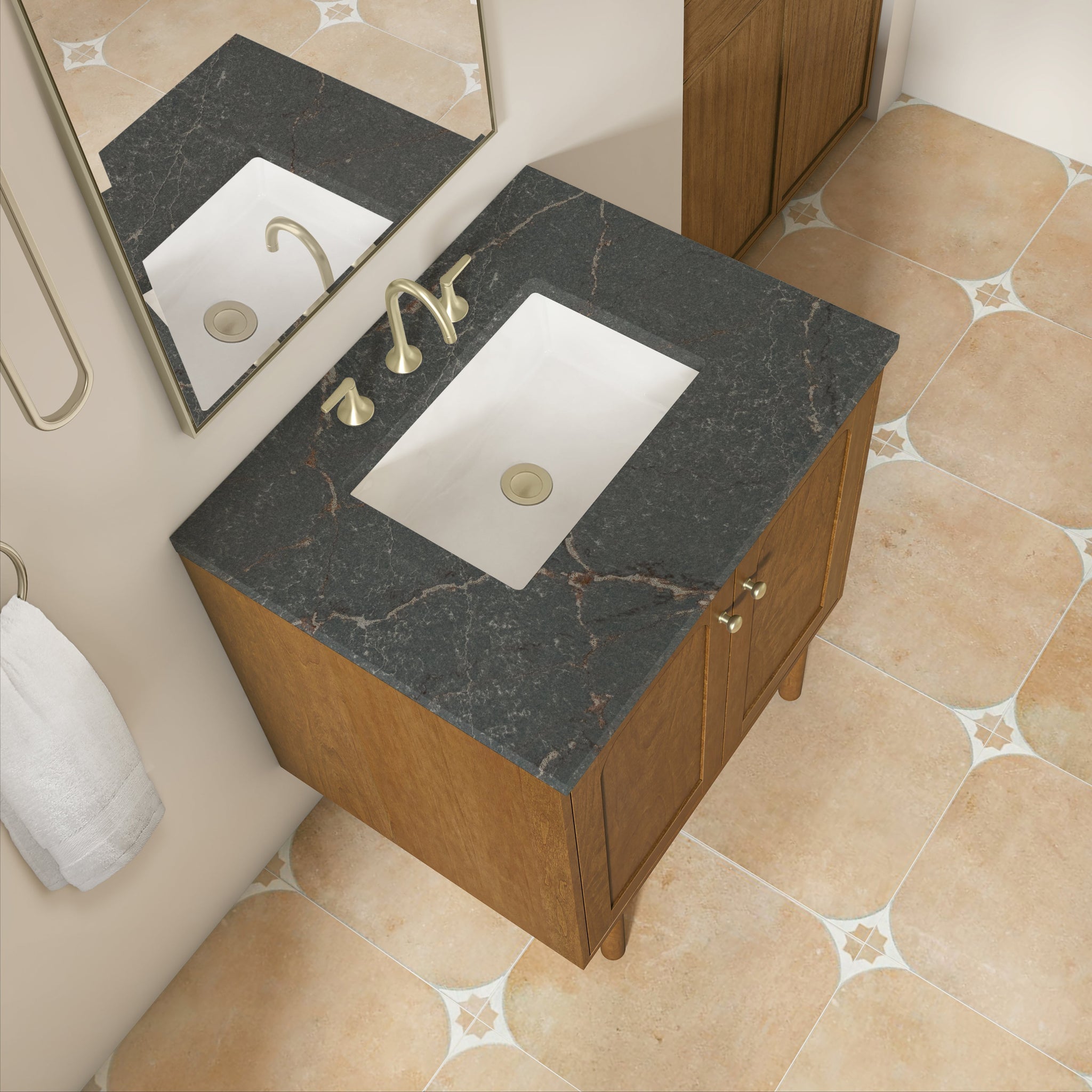 James Martin Laurent 30" Dual Mount Single Bathroom Vanity, Honey Oak with Parisien Bleu countertop