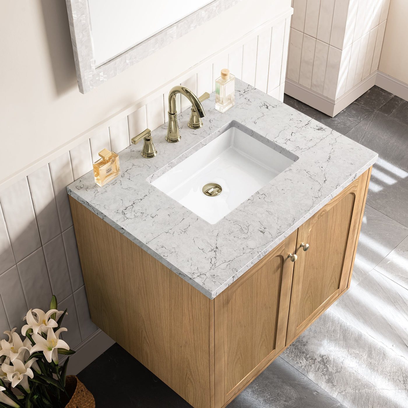 James Martin Laurent 30" Dual Mount Single Bathroom Vanity, Light Natural Oak with Eternal Jasmine Pearl countertop