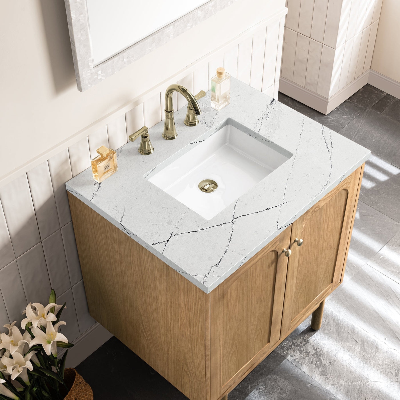 James Martin Laurent 30" Dual Mount Single Bathroom Vanity, Light Natural Oak with Ethereal Noctis countertop