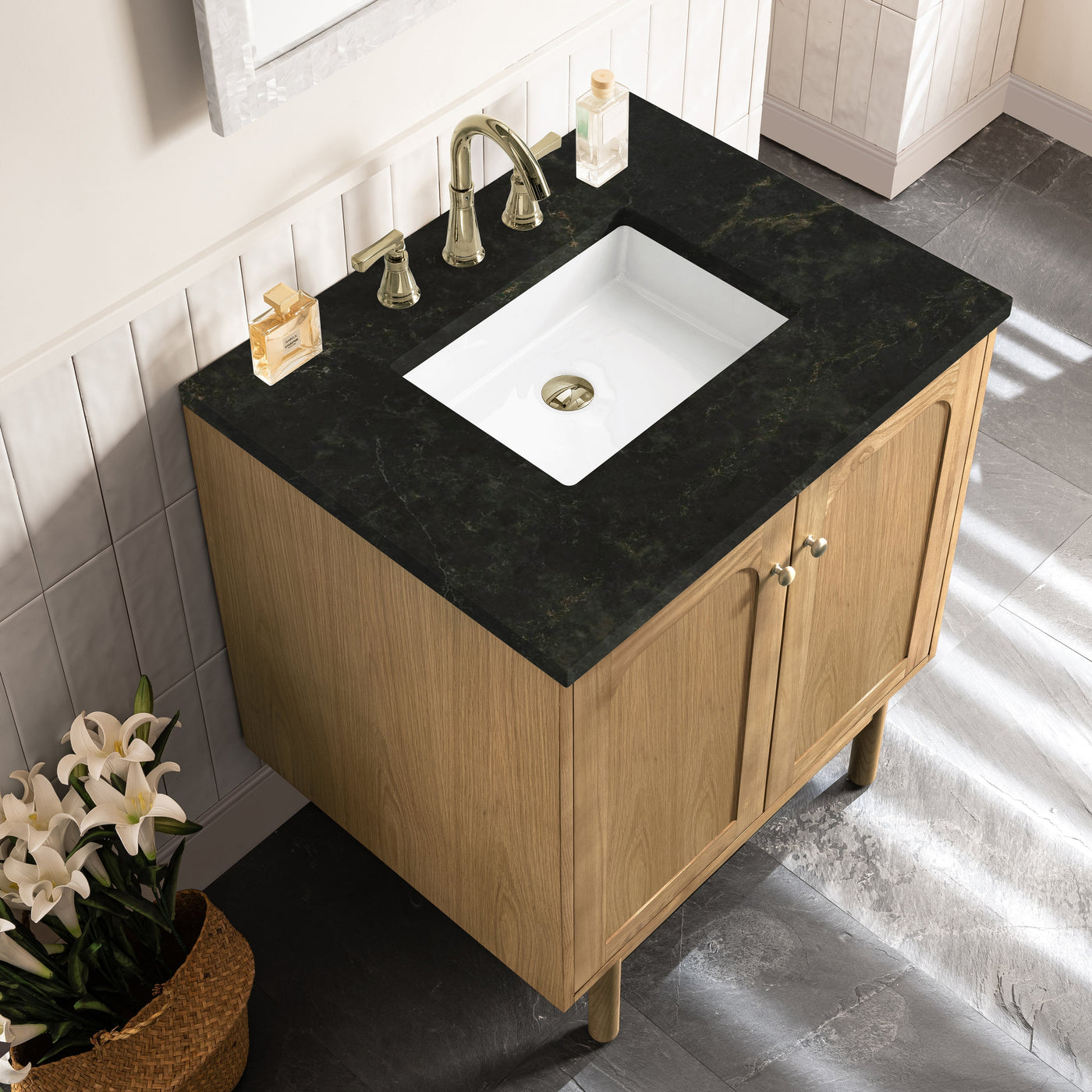 James Martin Laurent 30" Dual Mount Single Bathroom Vanity, Light Natural Oak with Phantome countertop