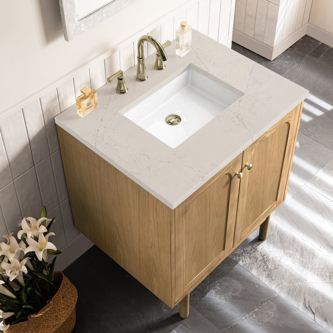 James Martin Laurent 30" Dual Mount Single Bathroom Vanity, Light Natural Oak with Siberian countertop