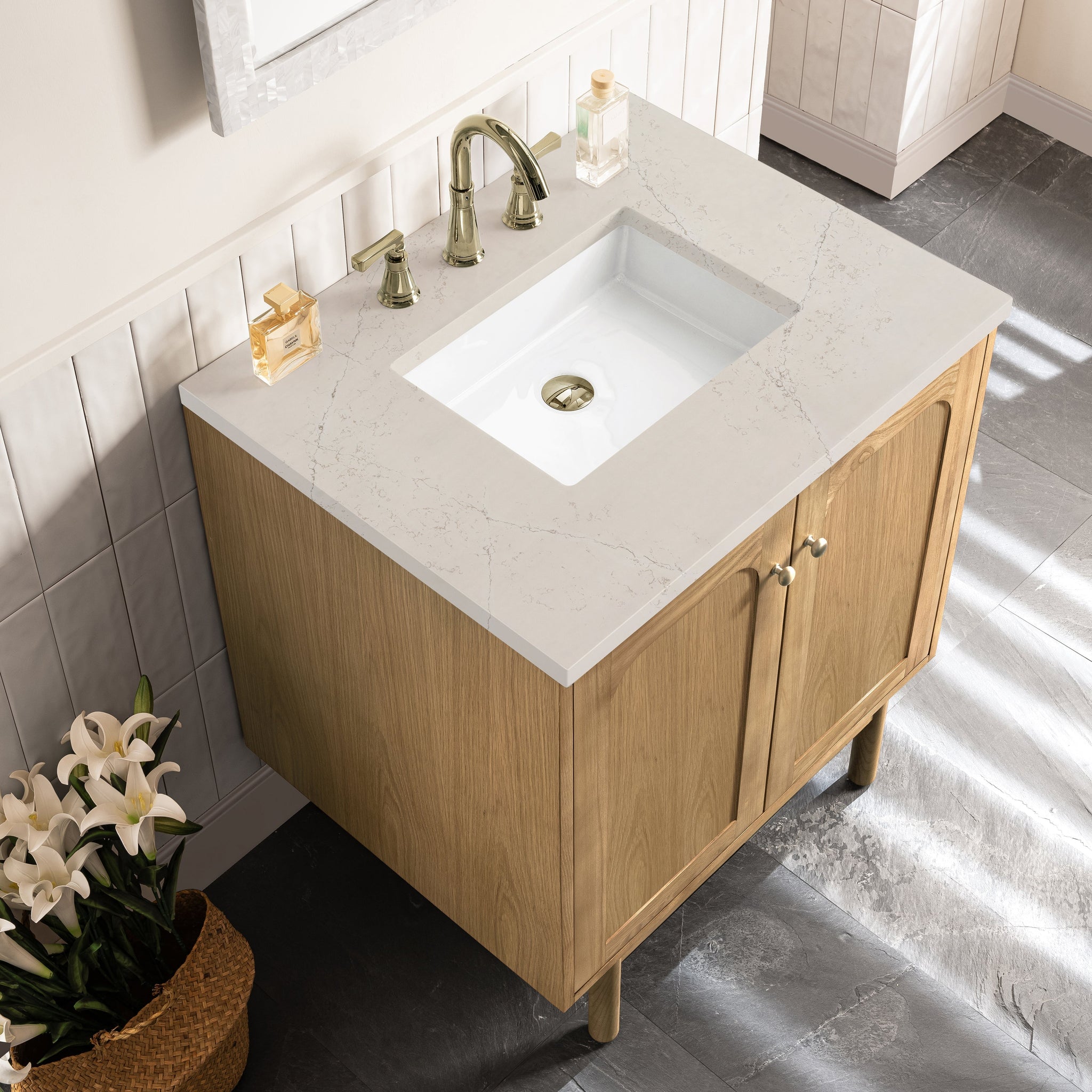 James Martin Laurent 30" Dual Mount Single Bathroom Vanity, Light Natural Oak with Siberian countertop