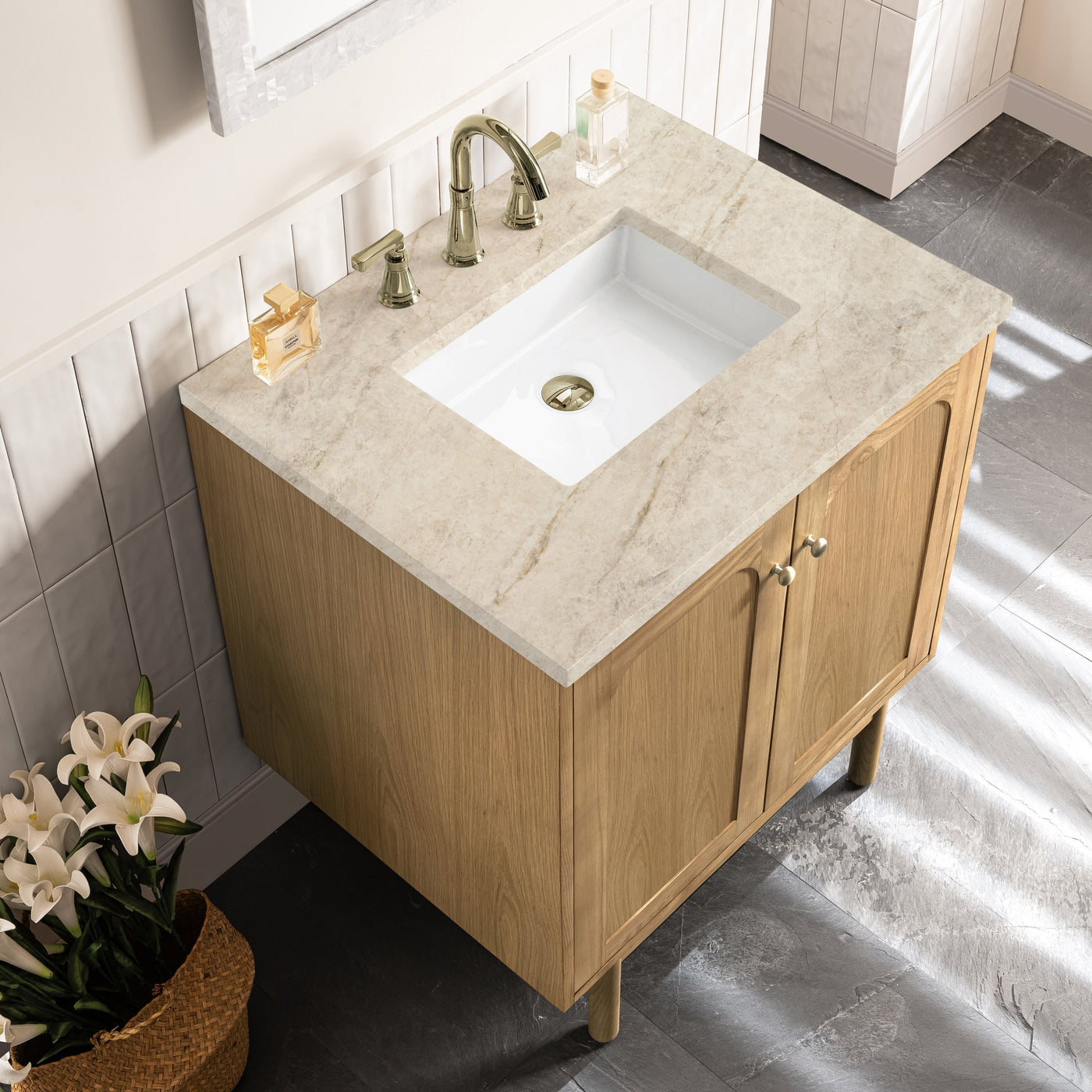 James Martin Laurent 30" Dual Mount Single Bathroom Vanity, Light Natural Oak with Tajnar countertop