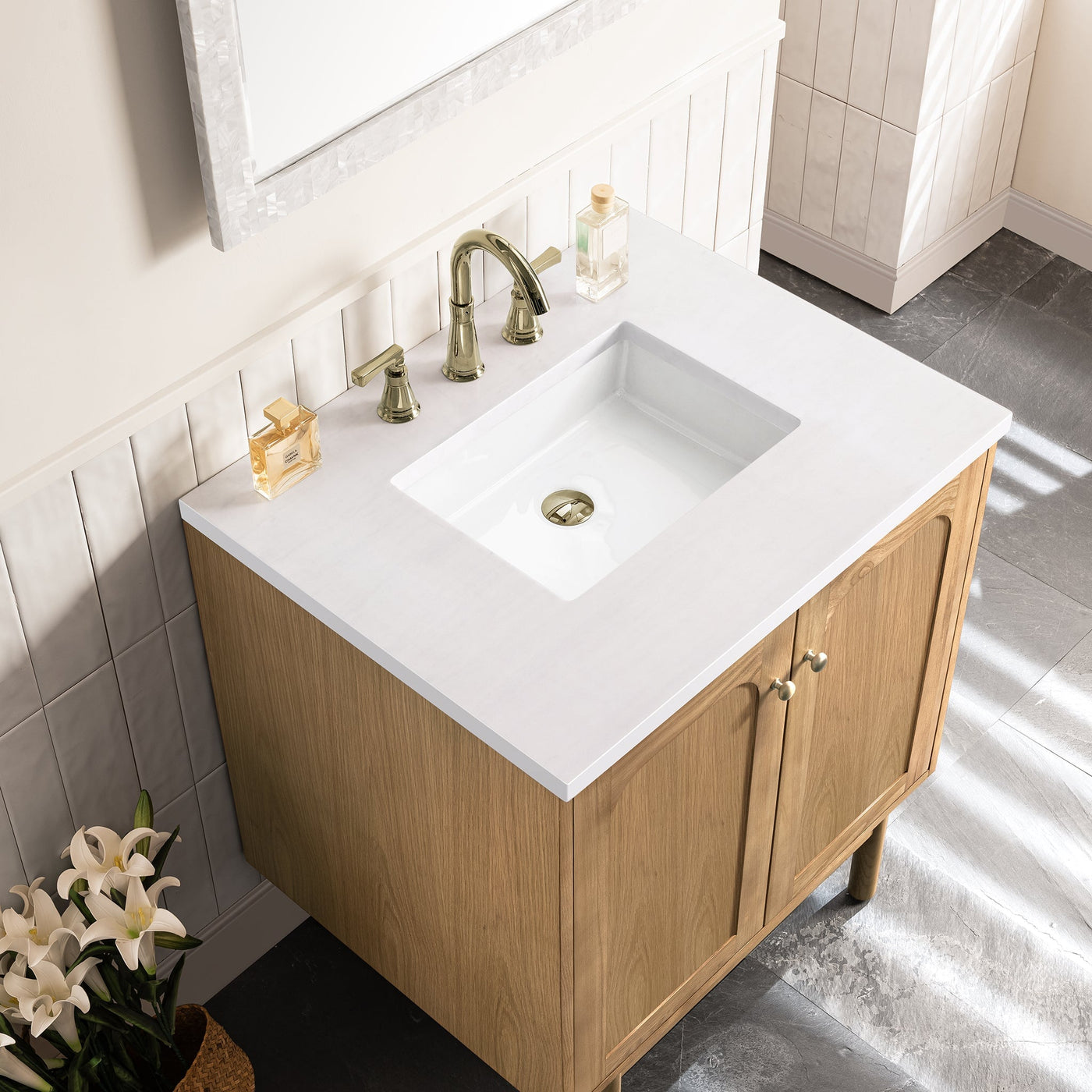 James Martin Laurent 30" Dual Mount Single Bathroom Vanity, Light Natural Oak with White Zeus countertop