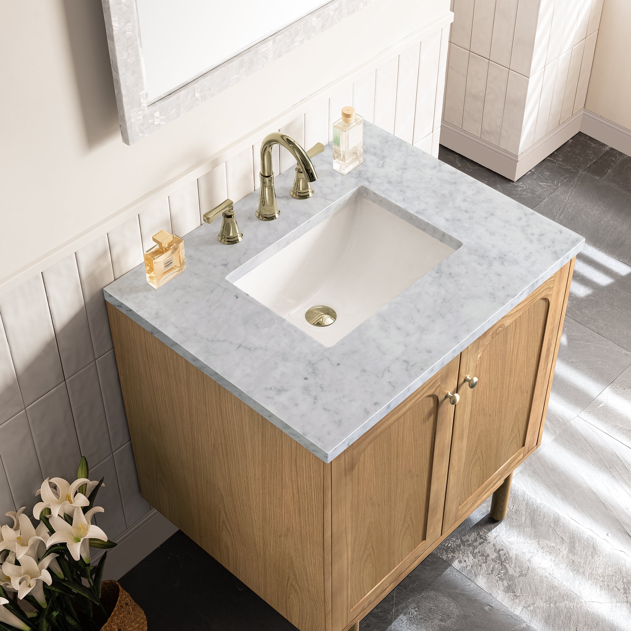 James Martin Laurent 30" Dual Mount Single Bathroom Vanity, Light Natural Oak with Carrara White countertop