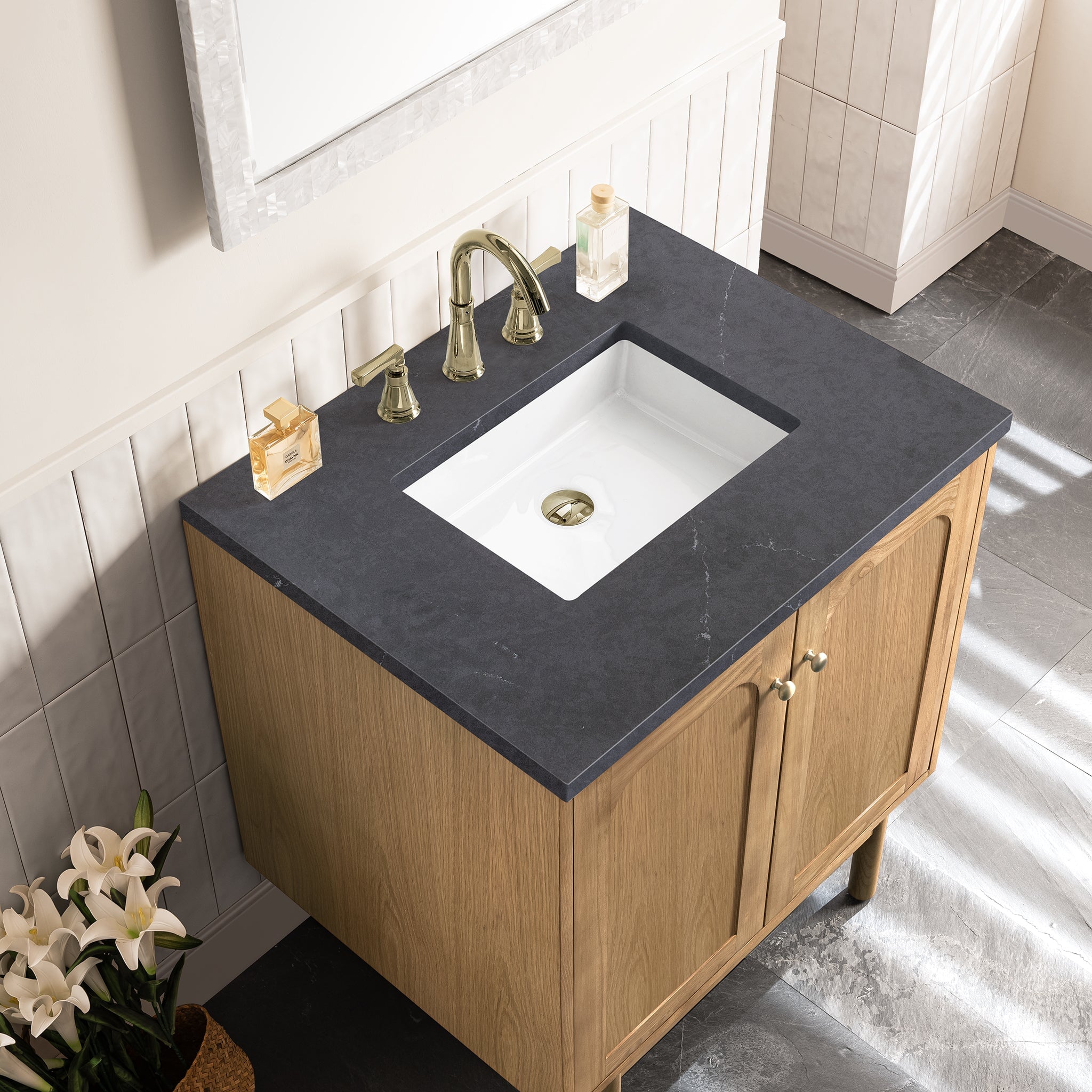 James Martin Laurent 30" Dual Mount Single Bathroom Vanity, Light Natural Oak with Charcoal Soapstone countertop