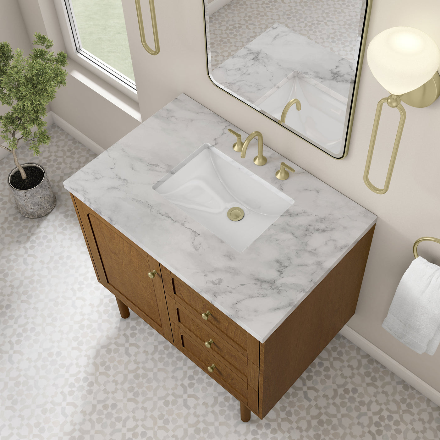 James Martin Laurent 36" Dual Mount Single Bathroom Vanity, Honey Oak with Carrara White countertop