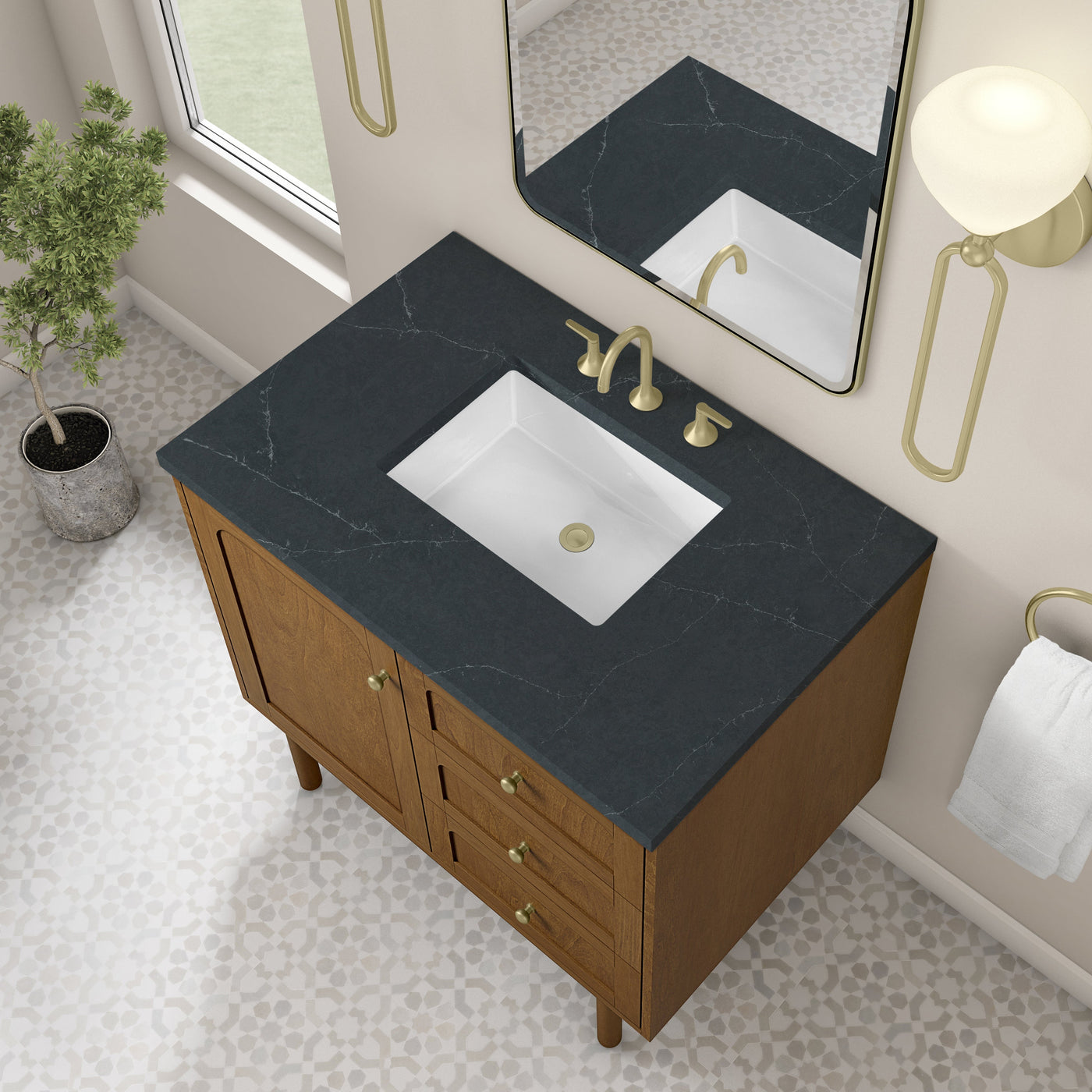James Martin Laurent 36" Dual Mount Single Bathroom Vanity, Honey Oak with Charcoal Soapstone countertop