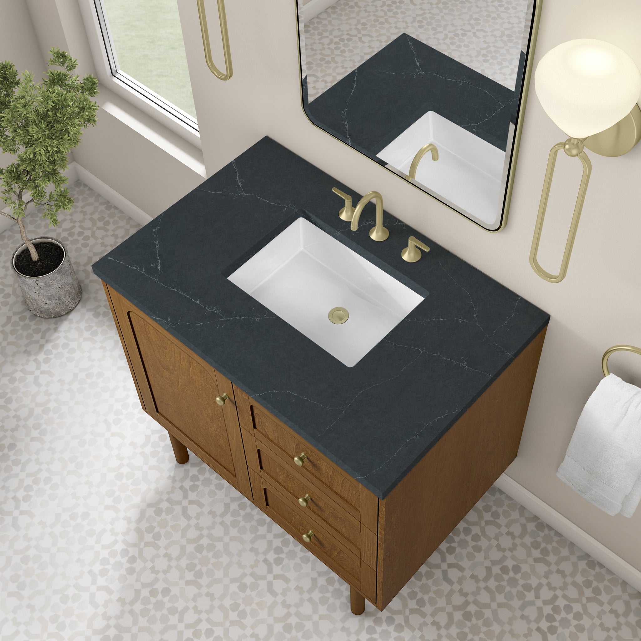 James Martin Laurent 36" Dual Mount Single Bathroom Vanity, Honey Oak with Charcoal Soapstone countertop