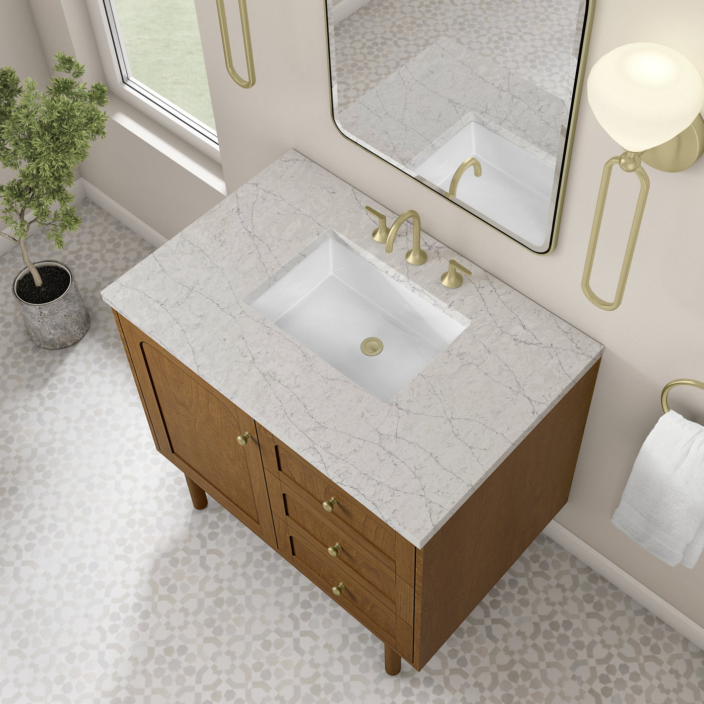 James Martin Laurent 36" Dual Mount Single Bathroom Vanity, Honey Oak with Eternal Jasmine Pearl countertop