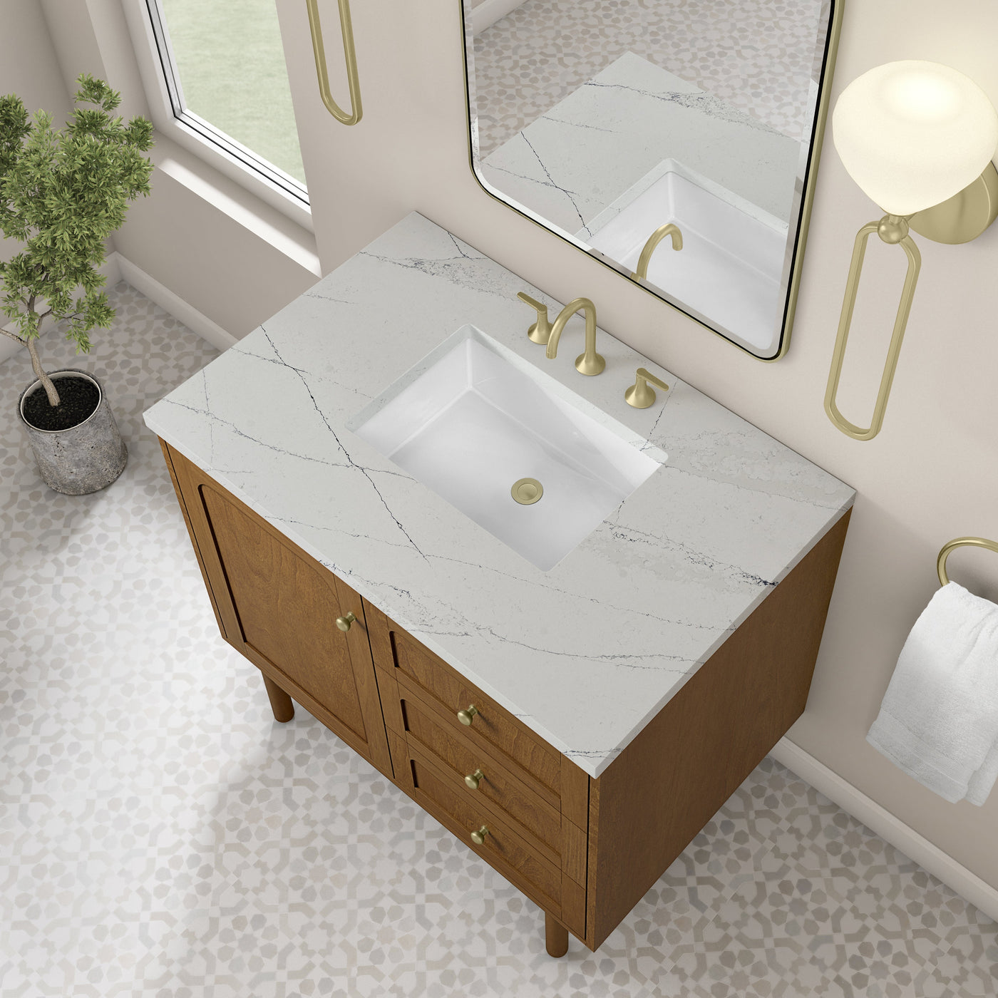James Martin Laurent 36" Dual Mount Single Bathroom Vanity, Honey Oak with Ethereal Noctis countertop