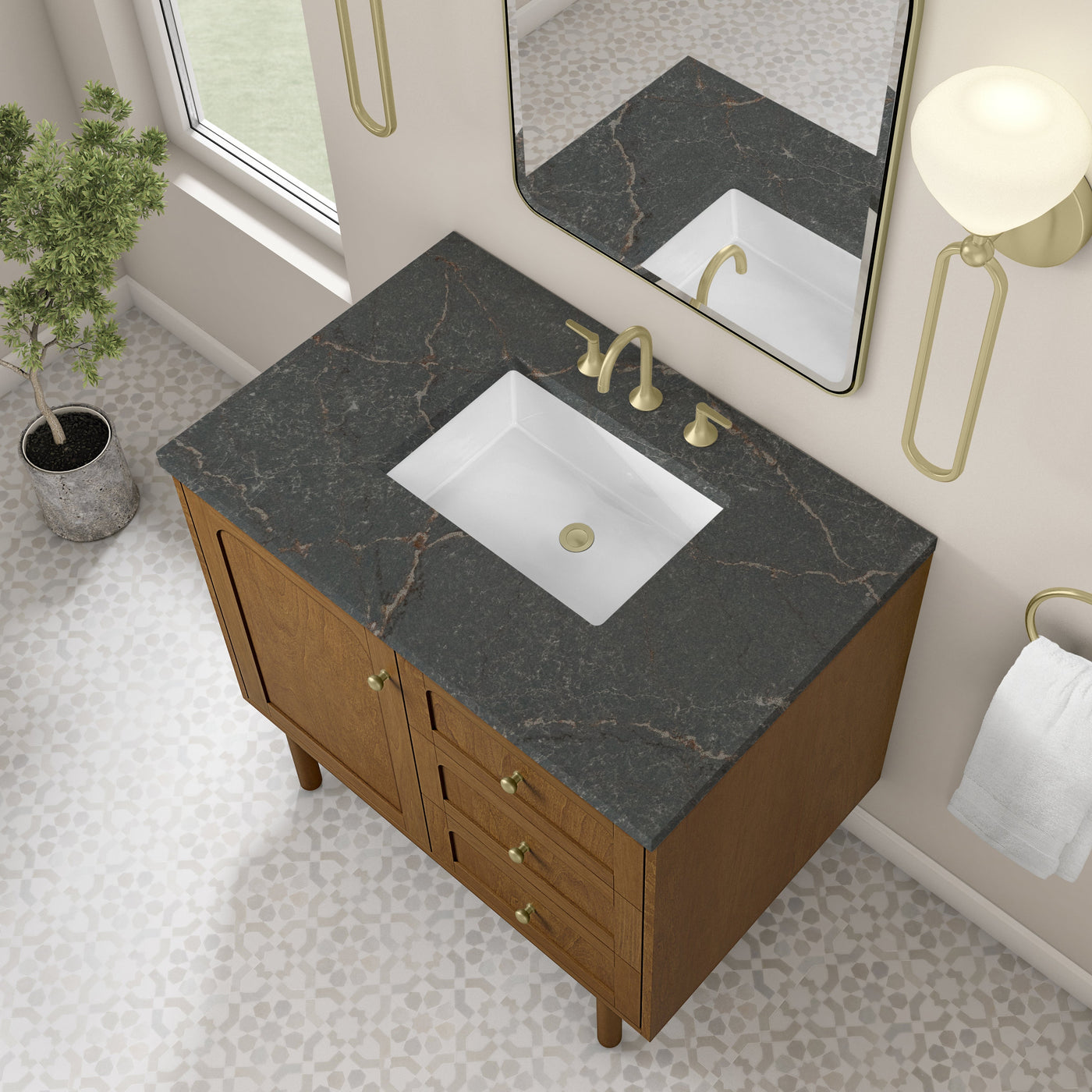 James Martin Laurent 36" Dual Mount Single Bathroom Vanity, Honey Oak with Parisien Bleu countertop