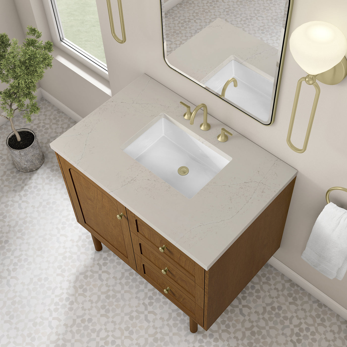 James Martin Laurent 36" Dual Mount Single Bathroom Vanity, Honey Oak with Siberian countertop