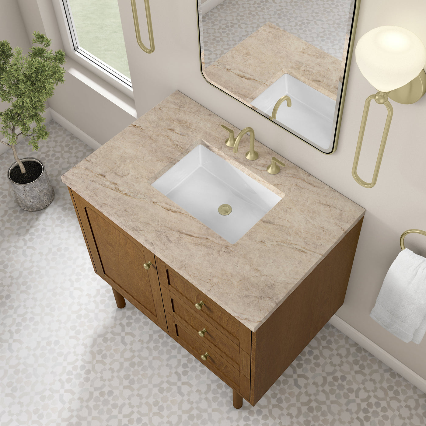 James Martin Laurent 36" Dual Mount Single Bathroom Vanity, Honey Oak with Tajnar countertop