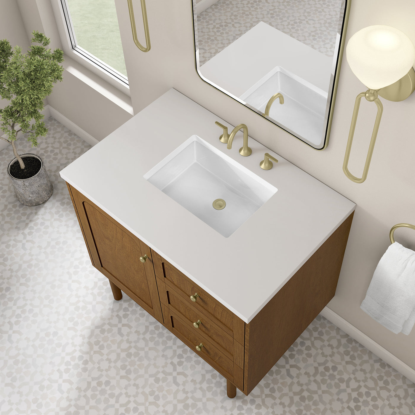 James Martin Laurent 36" Dual Mount Single Bathroom Vanity, Honey Oak with White Zeus countertop
