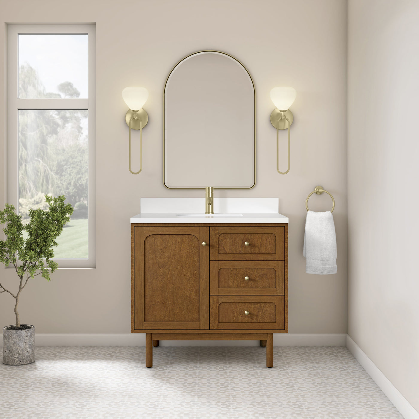 James Martin Laurent 36" Dual Mount Single Bathroom Vanity, Honey Oak with White Zeus (Single Hole) countertop
