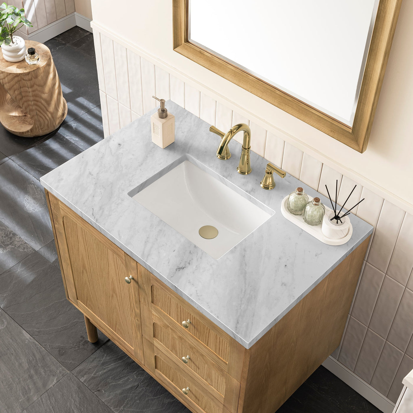 James Martin Laurent 36" Dual Mount Single Bathroom Vanity, Light Natural Oak with Carrara White countertop