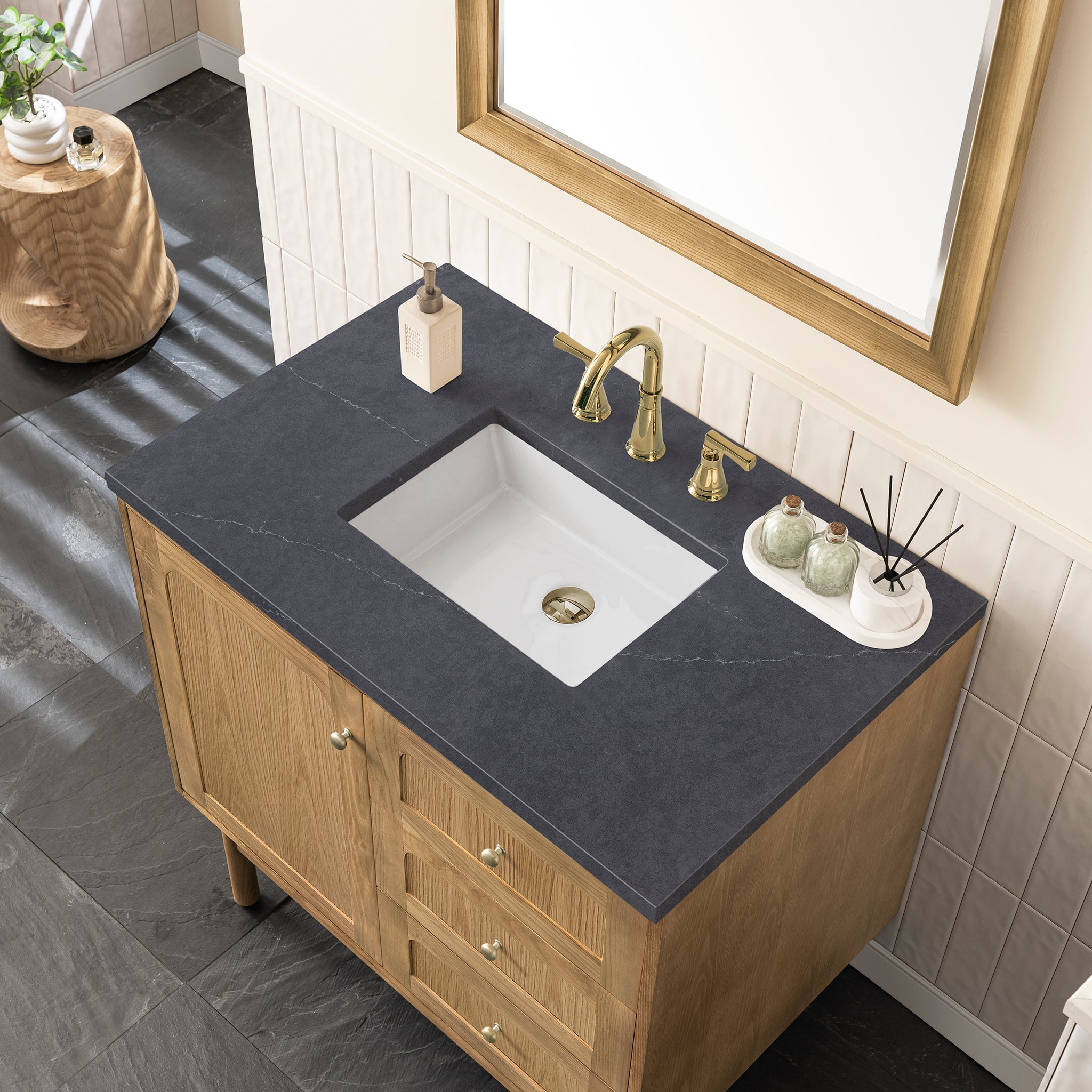 James Martin Laurent 36" Dual Mount Single Bathroom Vanity, Light Natural Oak with Charcoal Soapstone countertop