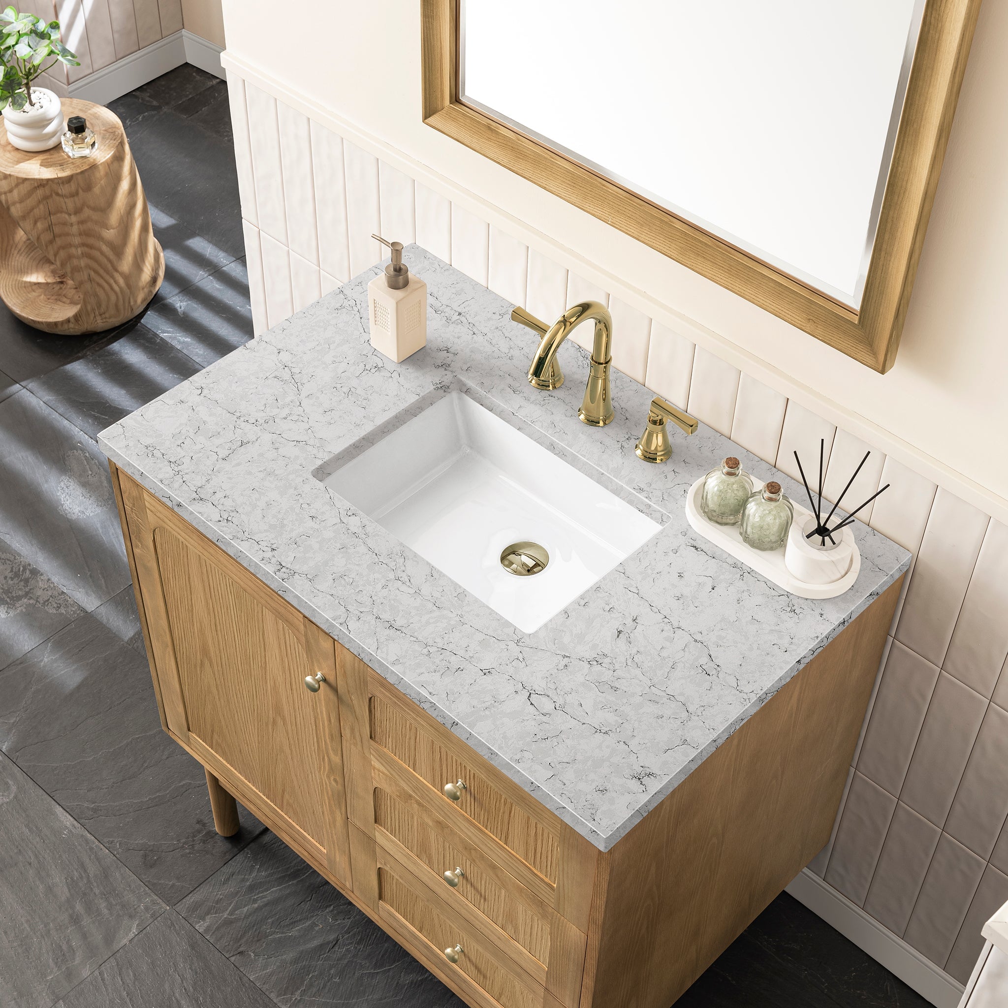 James Martin Laurent 36" Dual Mount Single Bathroom Vanity, Light Natural Oak with Eternal Jasmine Pearl countertop