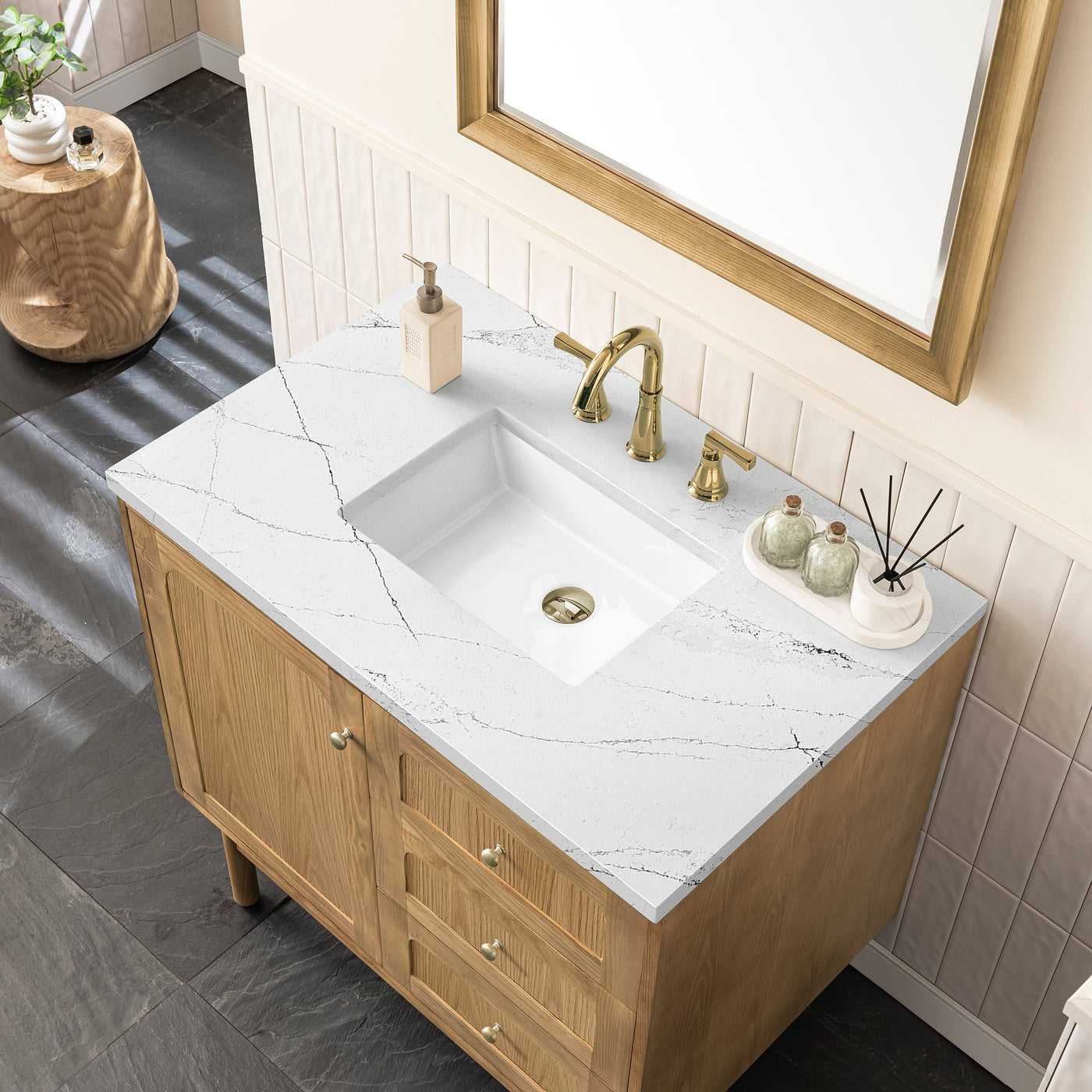 James Martin Laurent 36" Dual Mount Single Bathroom Vanity, Light Natural Oak with Ethereal Noctis countertop
