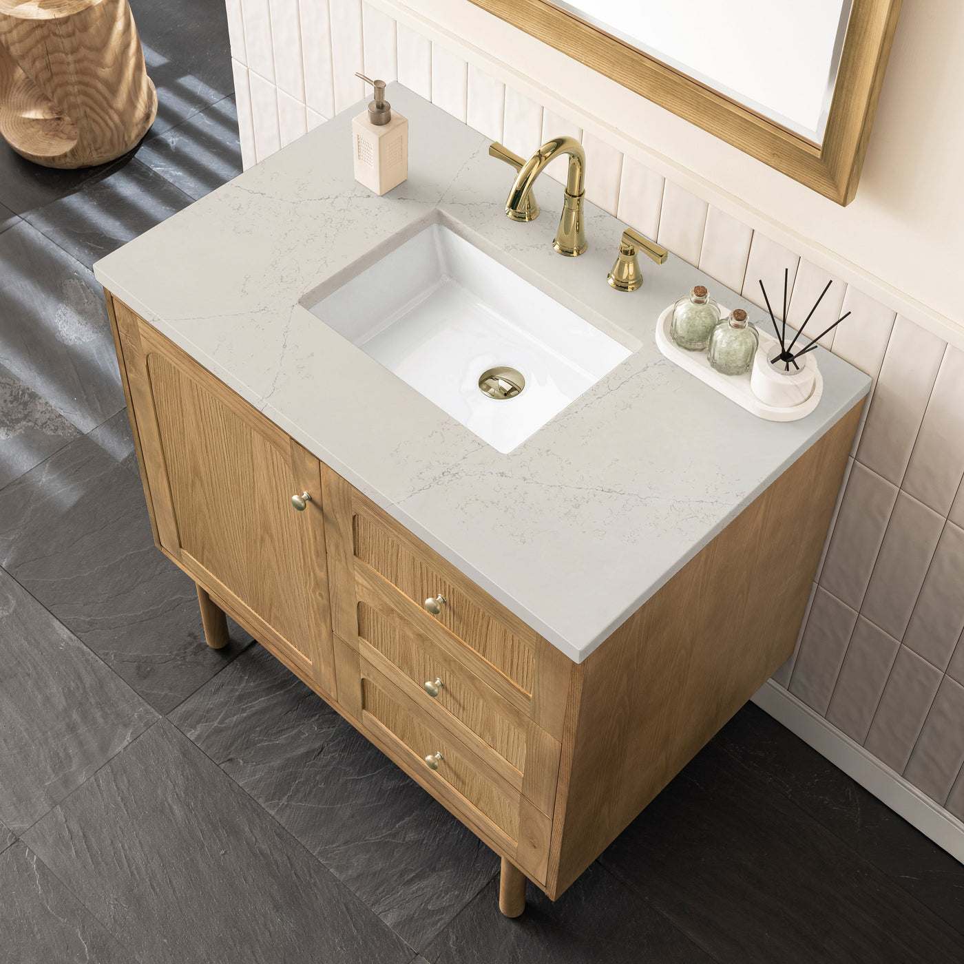 James Martin Laurent 36" Dual Mount Single Bathroom Vanity, Light Natural Oak with Siberian countertop