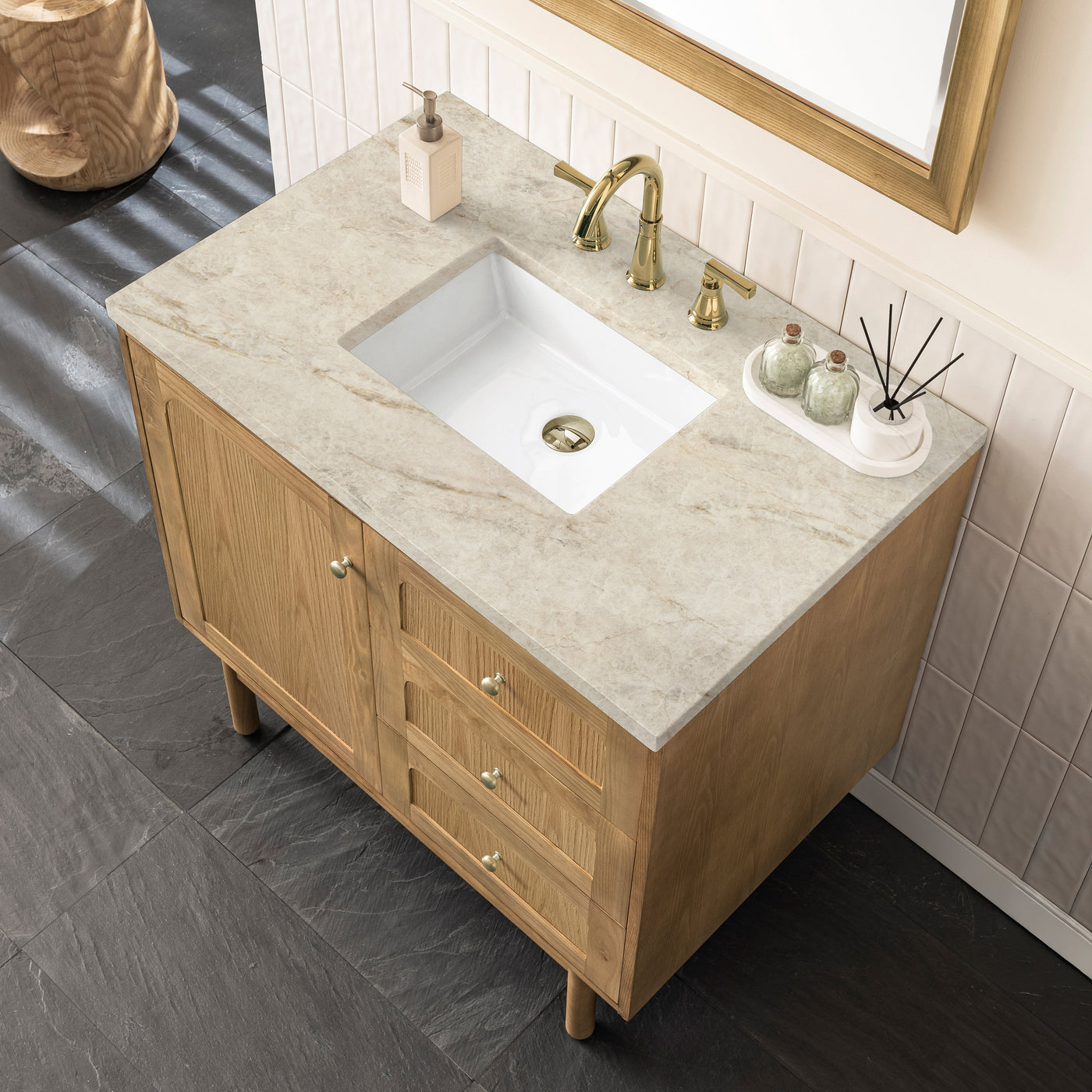 James Martin Laurent 36" Dual Mount Single Bathroom Vanity, Light Natural Oak with Tajnar countertop