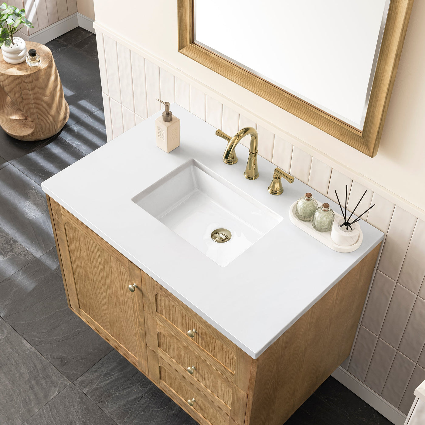 James Martin Laurent 36" Dual Mount Single Bathroom Vanity, Light Natural Oak with White Zeus countertop