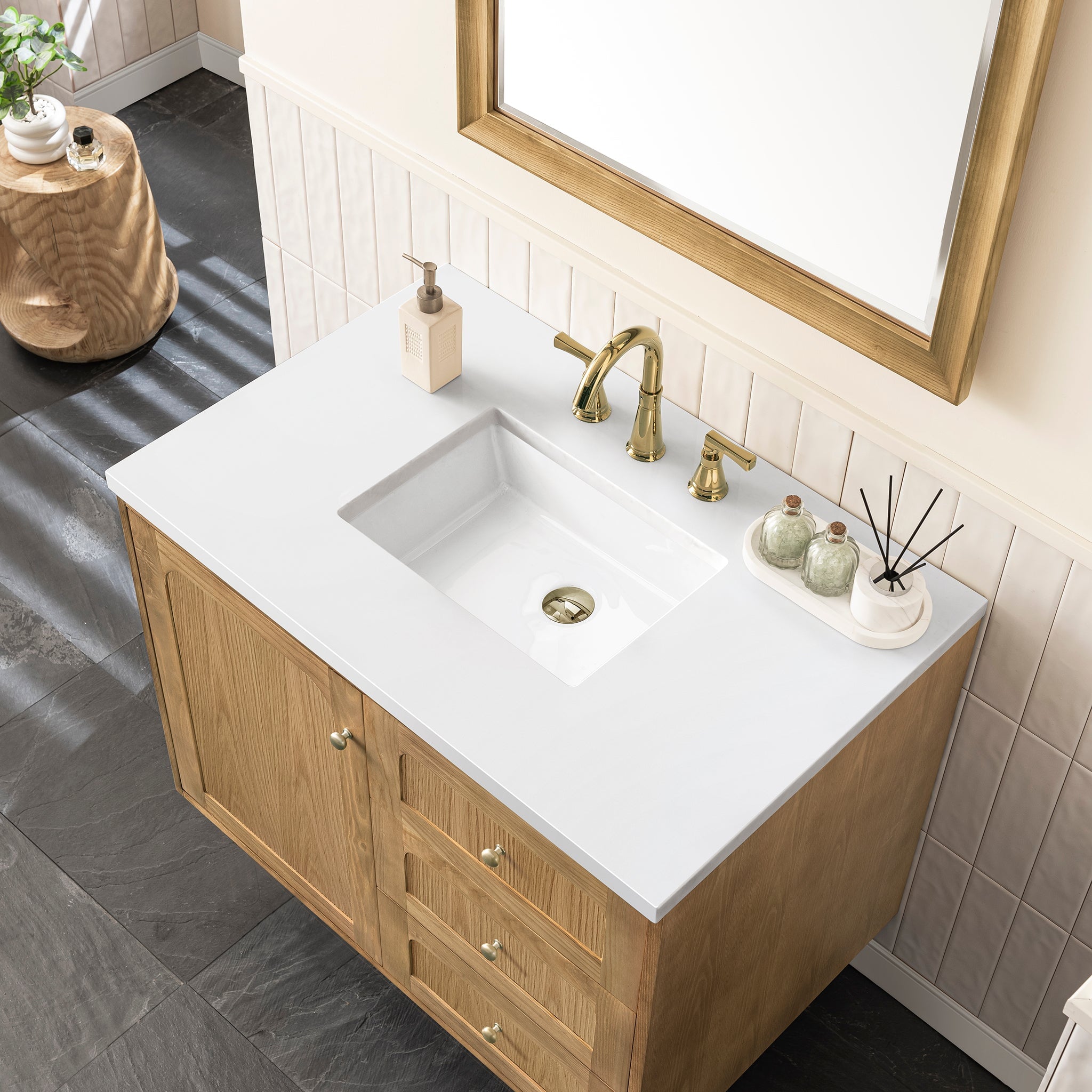 James Martin Laurent 36" Dual Mount Single Bathroom Vanity, Light Natural Oak with White Zeus countertop
