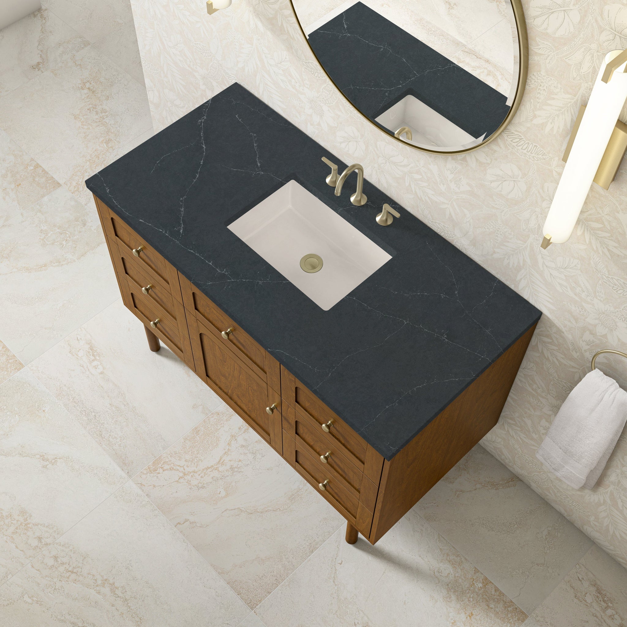 James Martin Laurent 48" Dual Mount Single Bathroom Vanity, Honey Oak with Charcoal Soapstone countertop