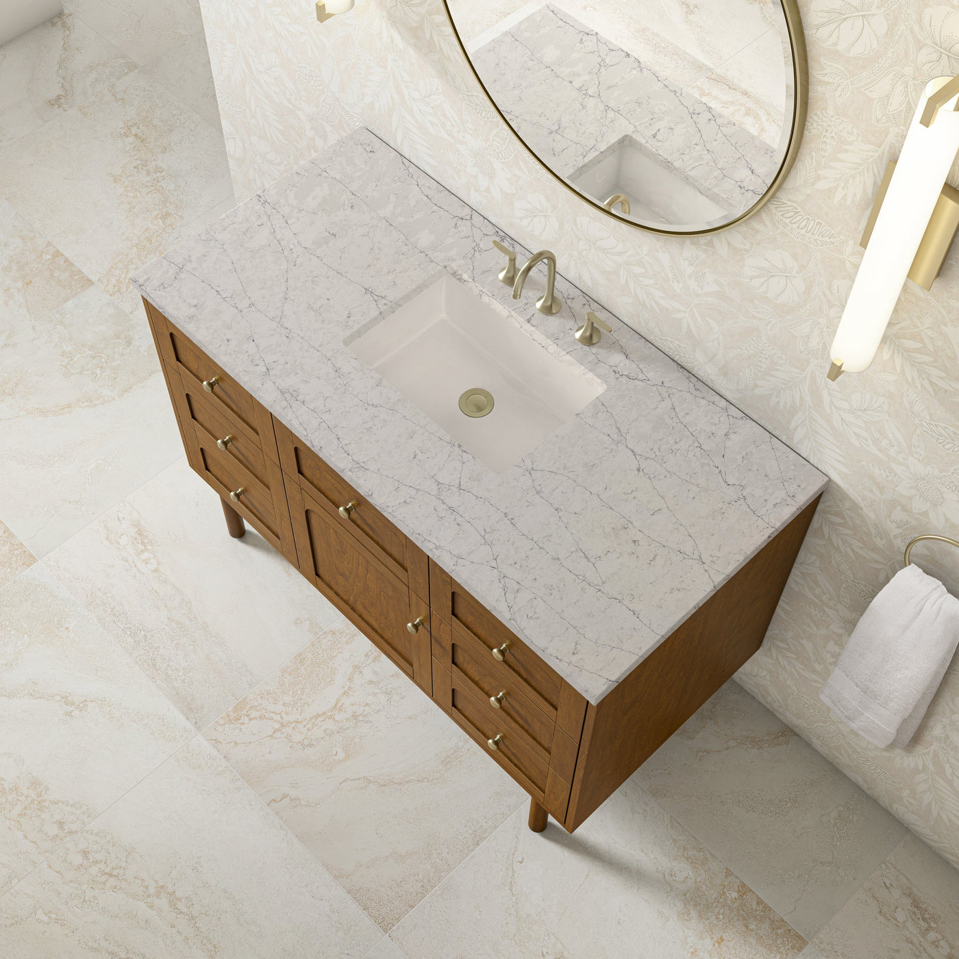 James Martin Laurent 48" Dual Mount Single Bathroom Vanity, Honey Oak with Eternal Jasmine Pearl countertop