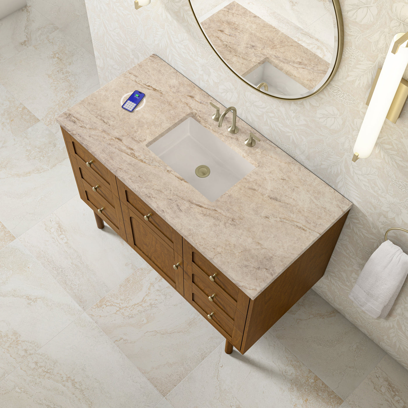James Martin Laurent 48" Dual Mount Single Bathroom Vanity, Honey Oak with Tajnar (FreePower) countertop