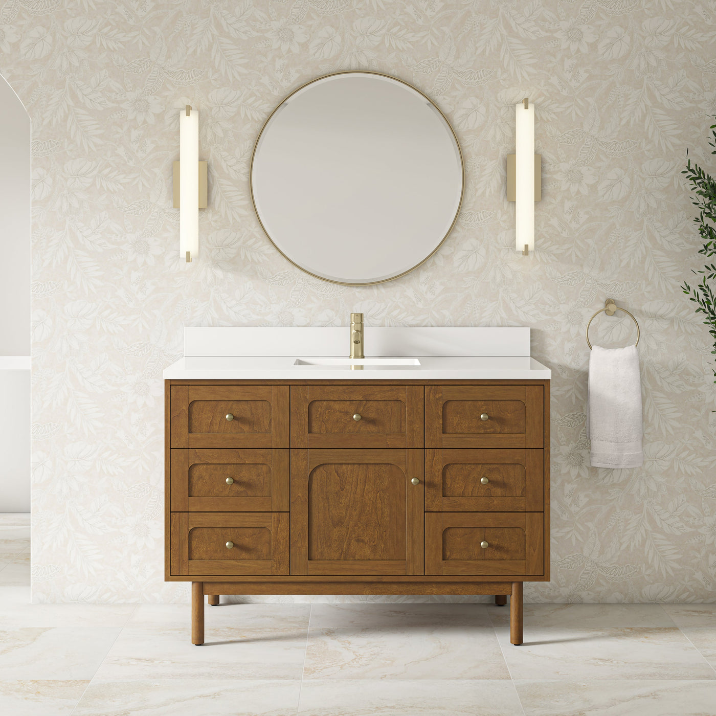 James Martin Laurent 48" Dual Mount Single Bathroom Vanity, Honey Oak with White Zeus (Single Hole) countertop