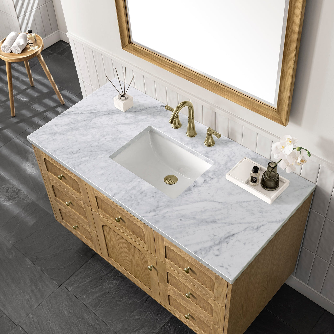 James Martin Laurent 48" Dual Mount Single Bathroom Vanity, Light Natural Oak with Carrara White countertop