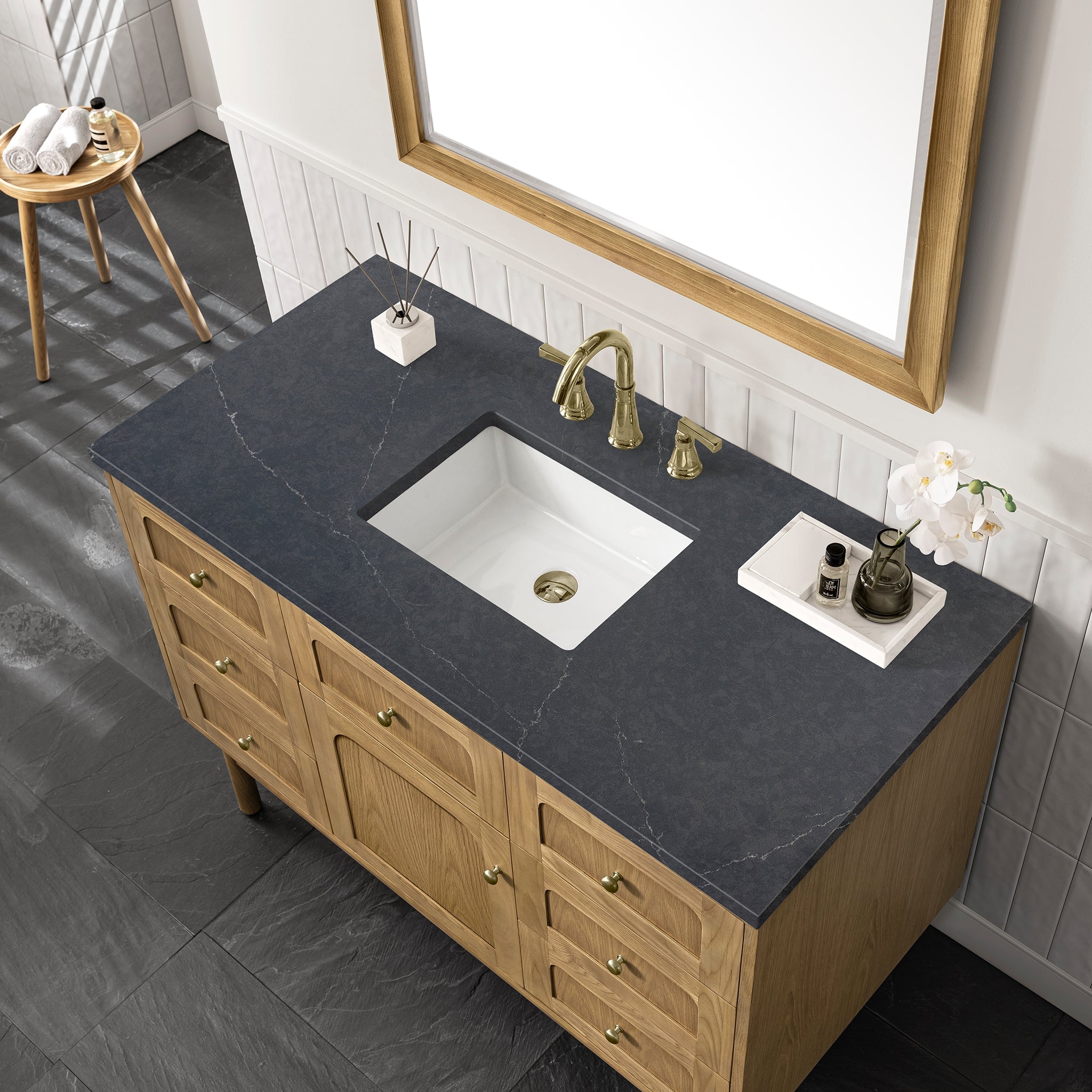 James Martin Laurent 48" Dual Mount Single Bathroom Vanity, Light Natural Oak with Charcoal Soapstone countertop