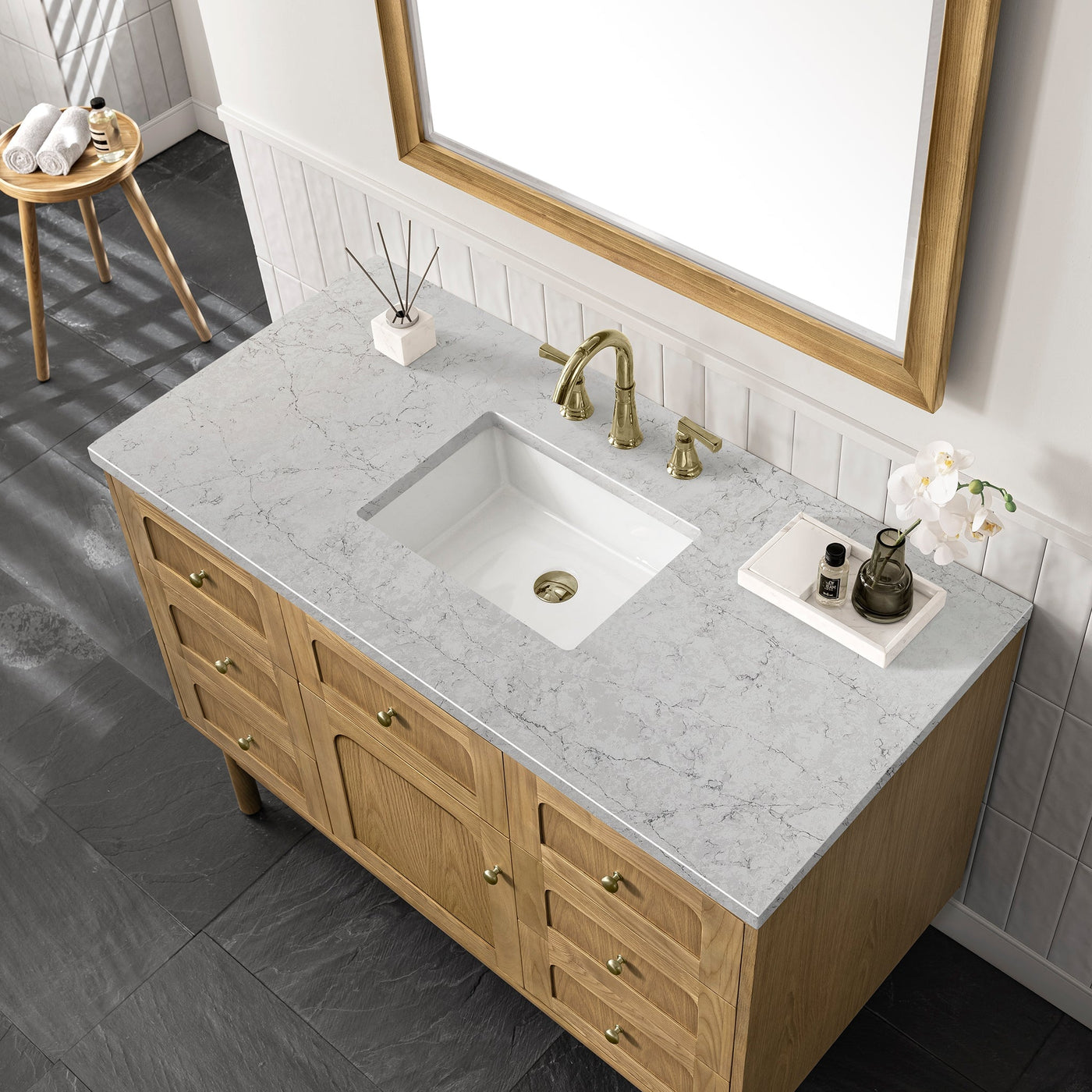 James Martin Laurent 48" Dual Mount Single Bathroom Vanity, Light Natural Oak with Eternal Jasmine Pearl countertop