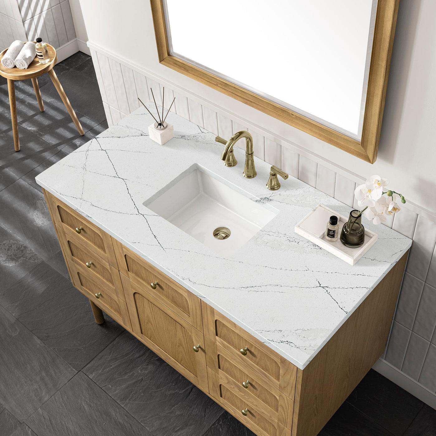 James Martin Laurent 48" Dual Mount Single Bathroom Vanity, Light Natural Oak with Ethereal Noctis countertop