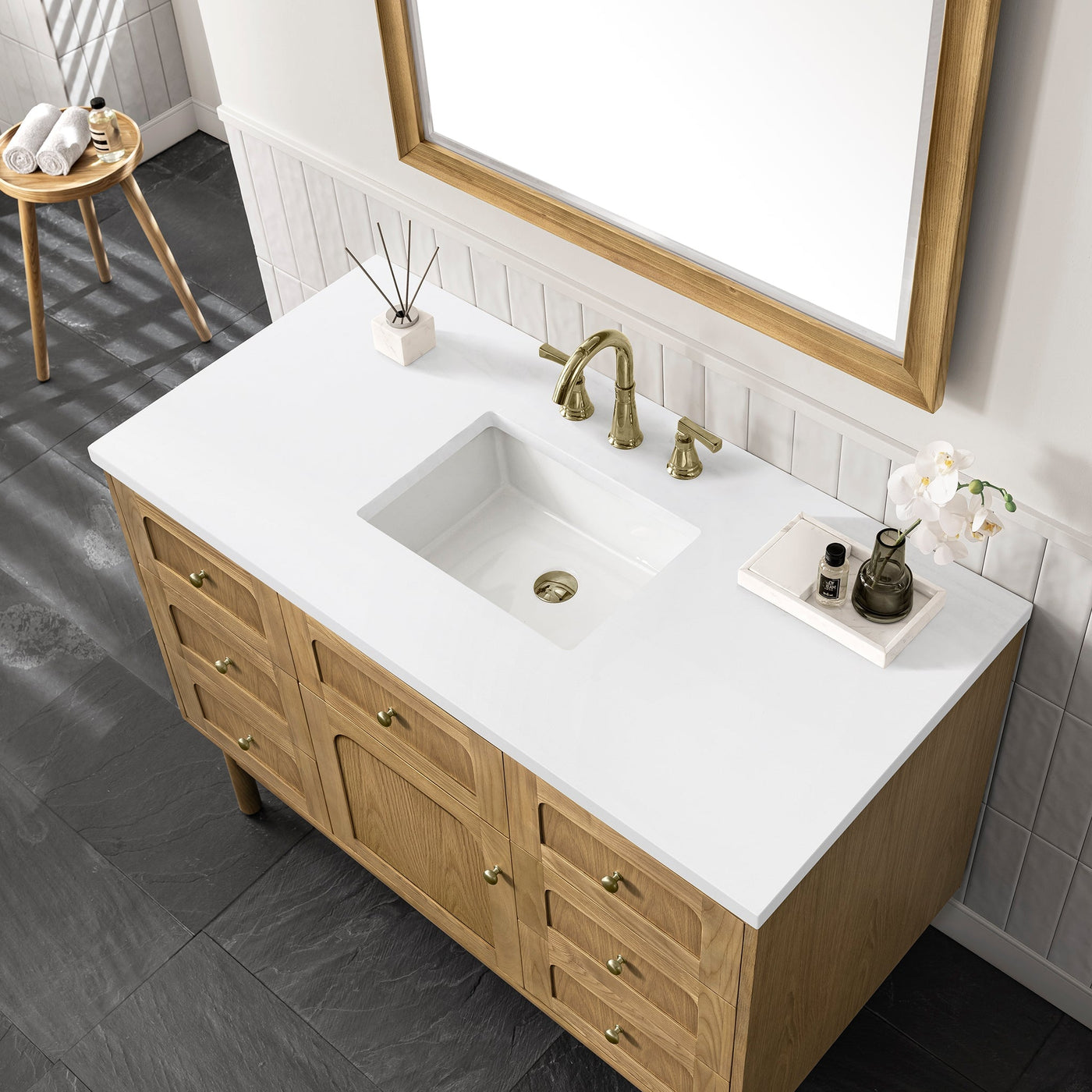 James Martin Laurent 48" Dual Mount Single Bathroom Vanity, Light Natural Oak with White Zeus countertop