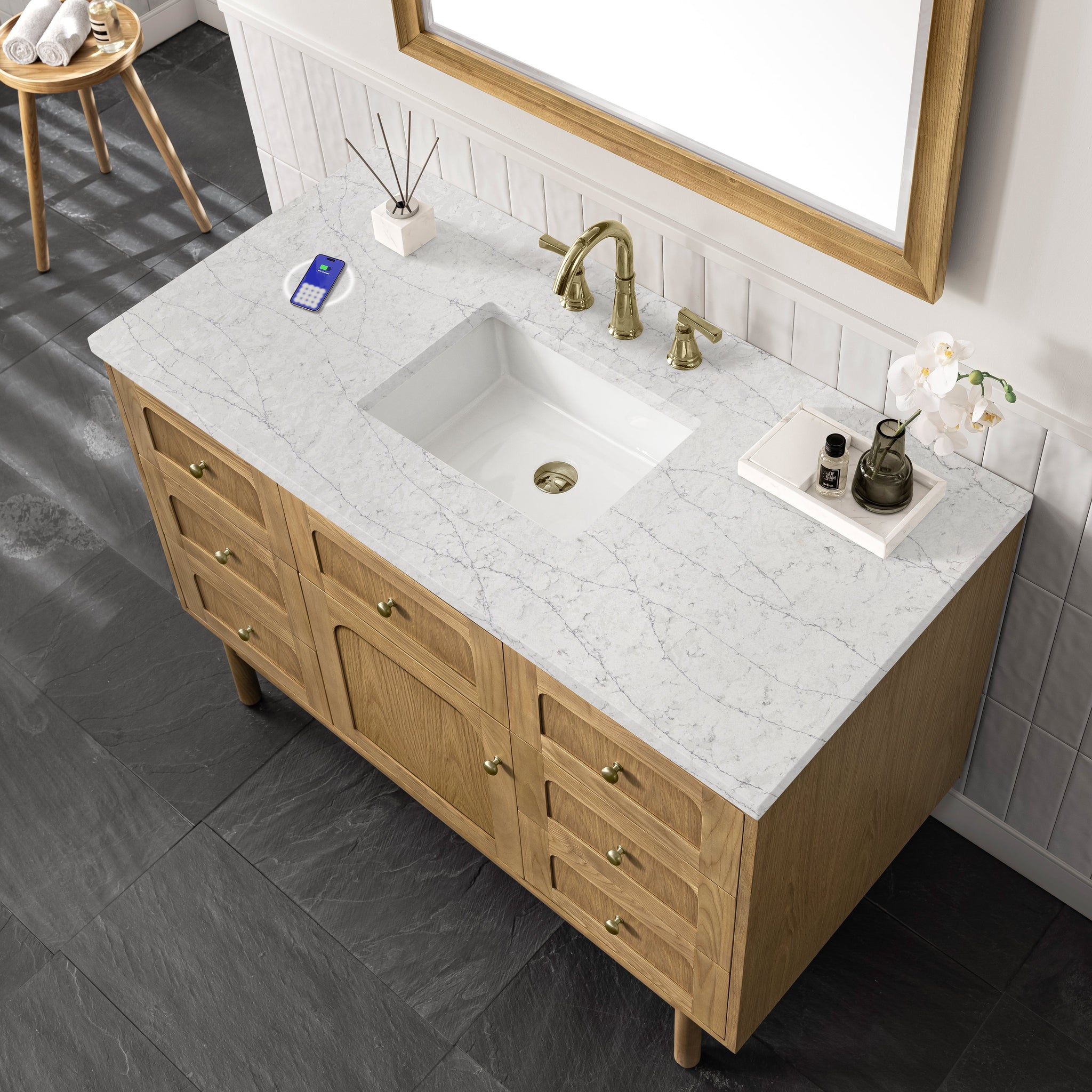 James Martin Laurent 48" Dual Mount Single Bathroom Vanity, Light Natural Oak with Eternal Jasmine Pearl (FreePower) countertop