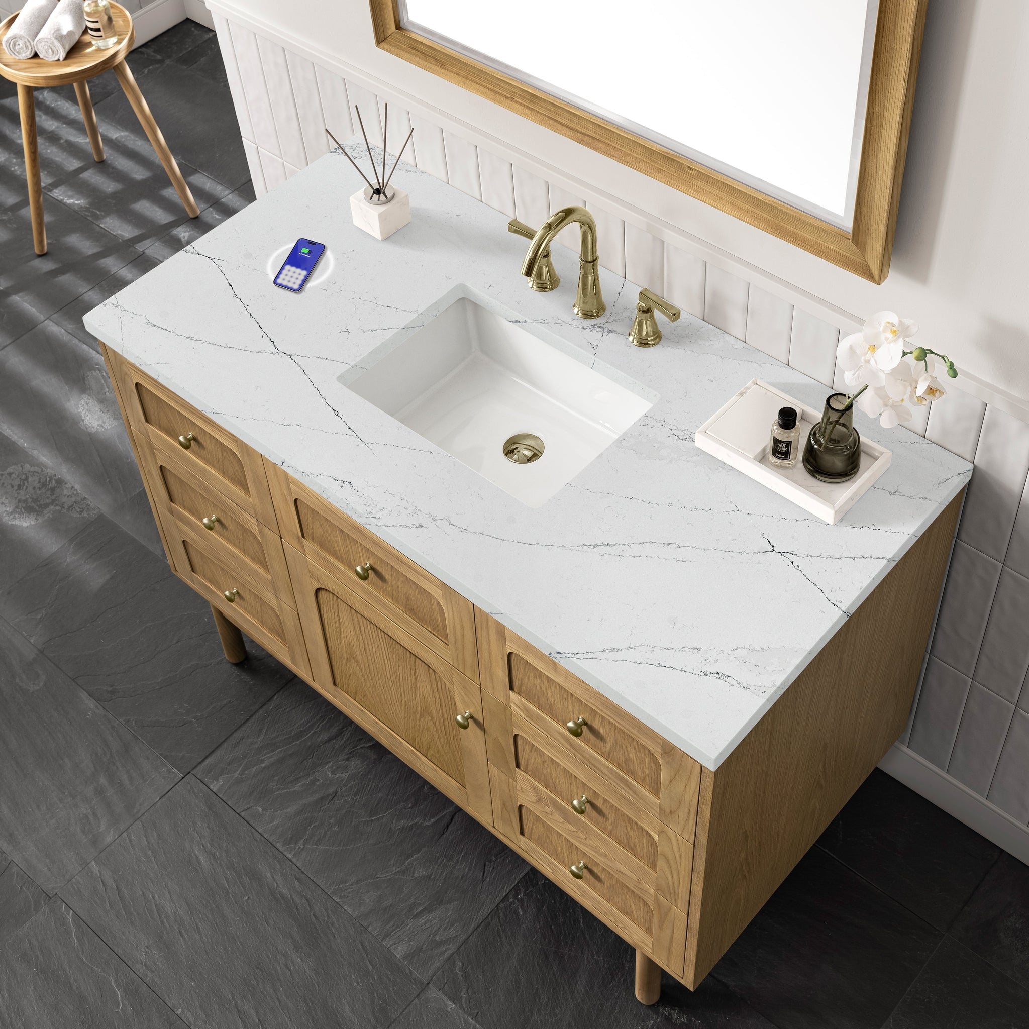 James Martin Laurent 48" Dual Mount Single Bathroom Vanity, Light Natural Oak with Ethereal Noctis (FreePower) countertop